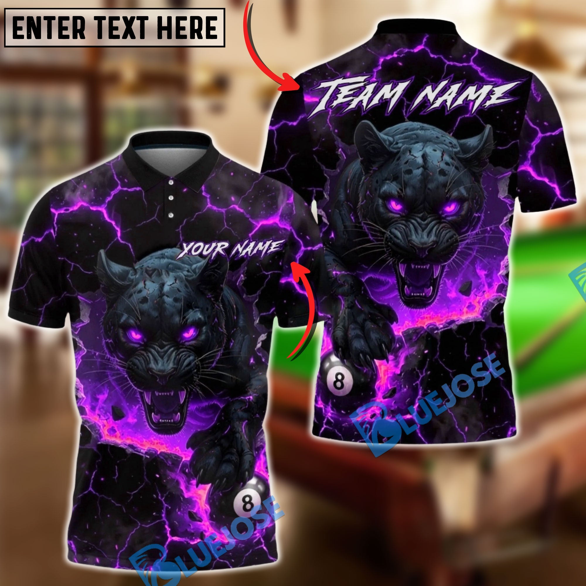 BlueJose Billiards 8-Ball Panther Fire Design Customized Name, Team Name 3D Shirt (4 Colors)