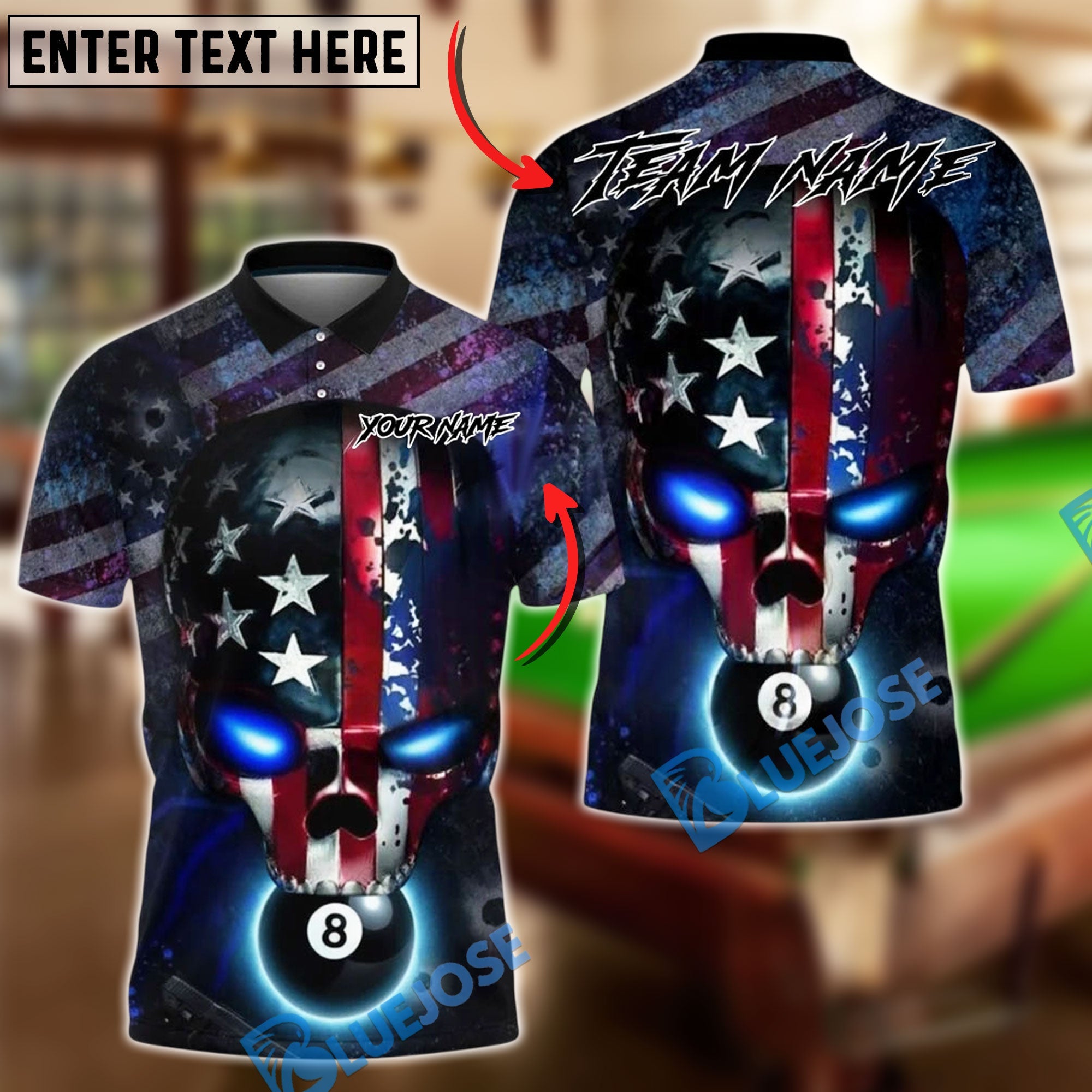 BlueJose Billiards Ball 8 USA Flag Skull Flame Customized Name, Team Name 3D Shirt