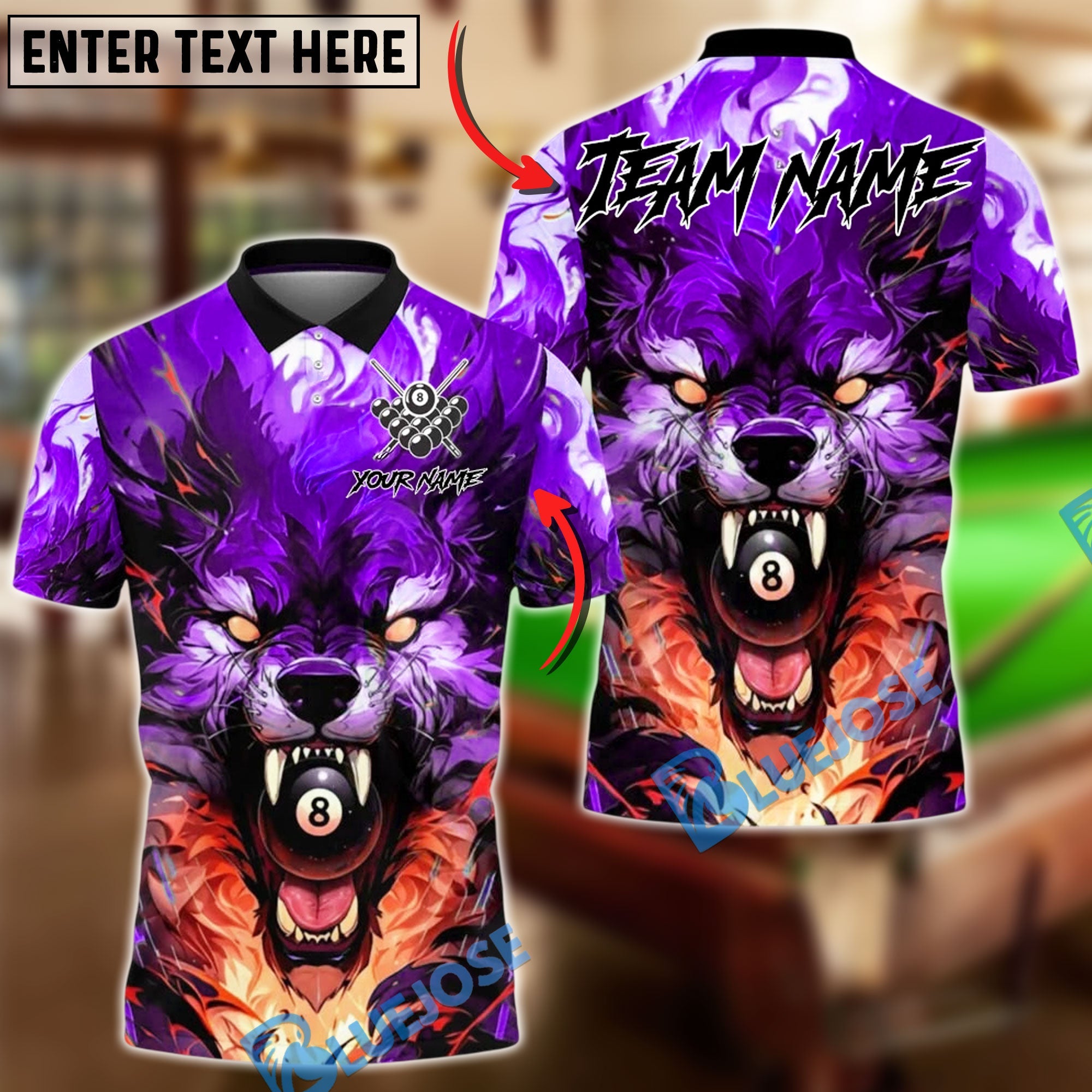 BlueJose Billiards 8 Ball Wolf Double Flame Personalized Name, Team Name Unisex Shirt (4 Colors)