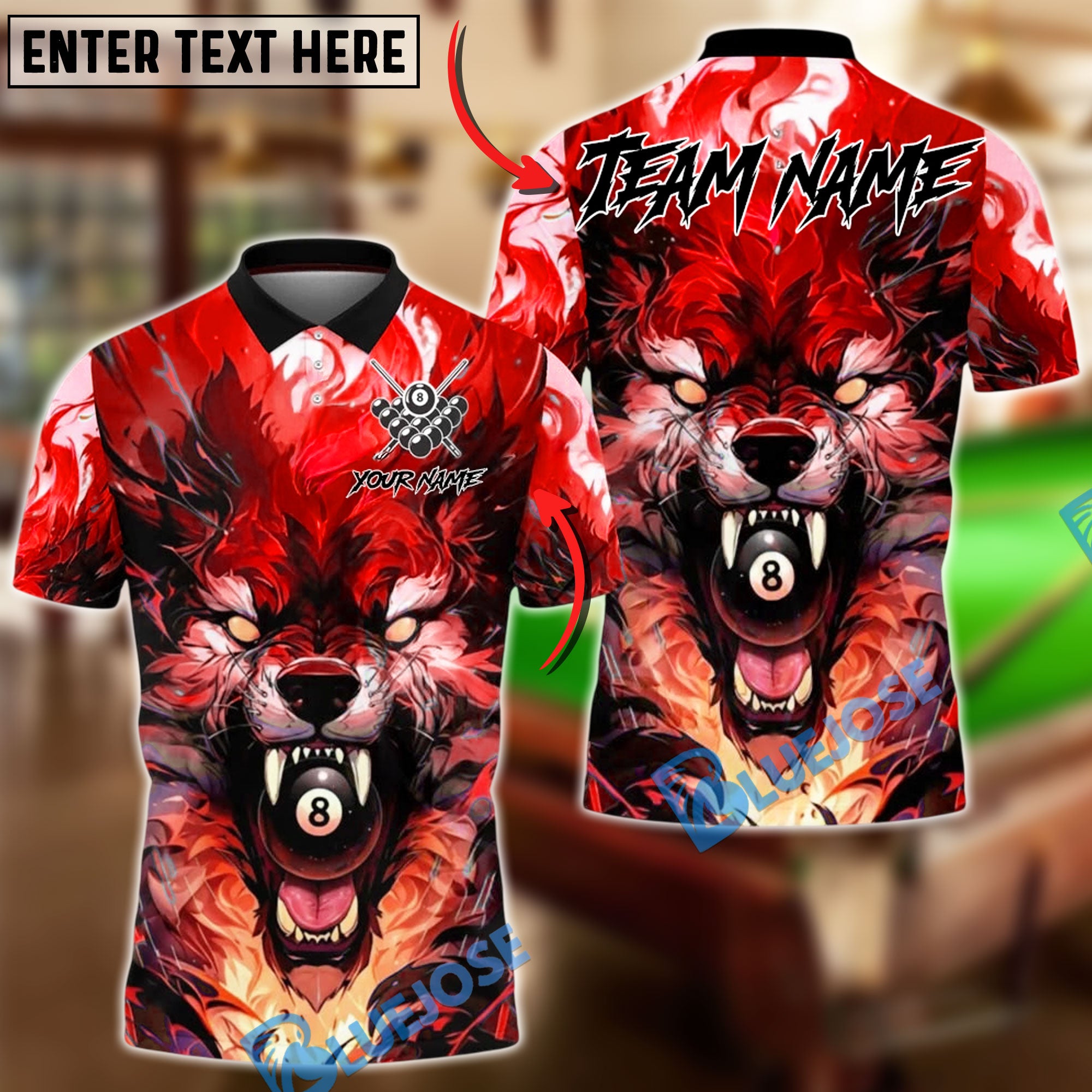 BlueJose Billiards 8 Ball Wolf Double Flame Personalized Name, Team Name Unisex Shirt (4 Colors)