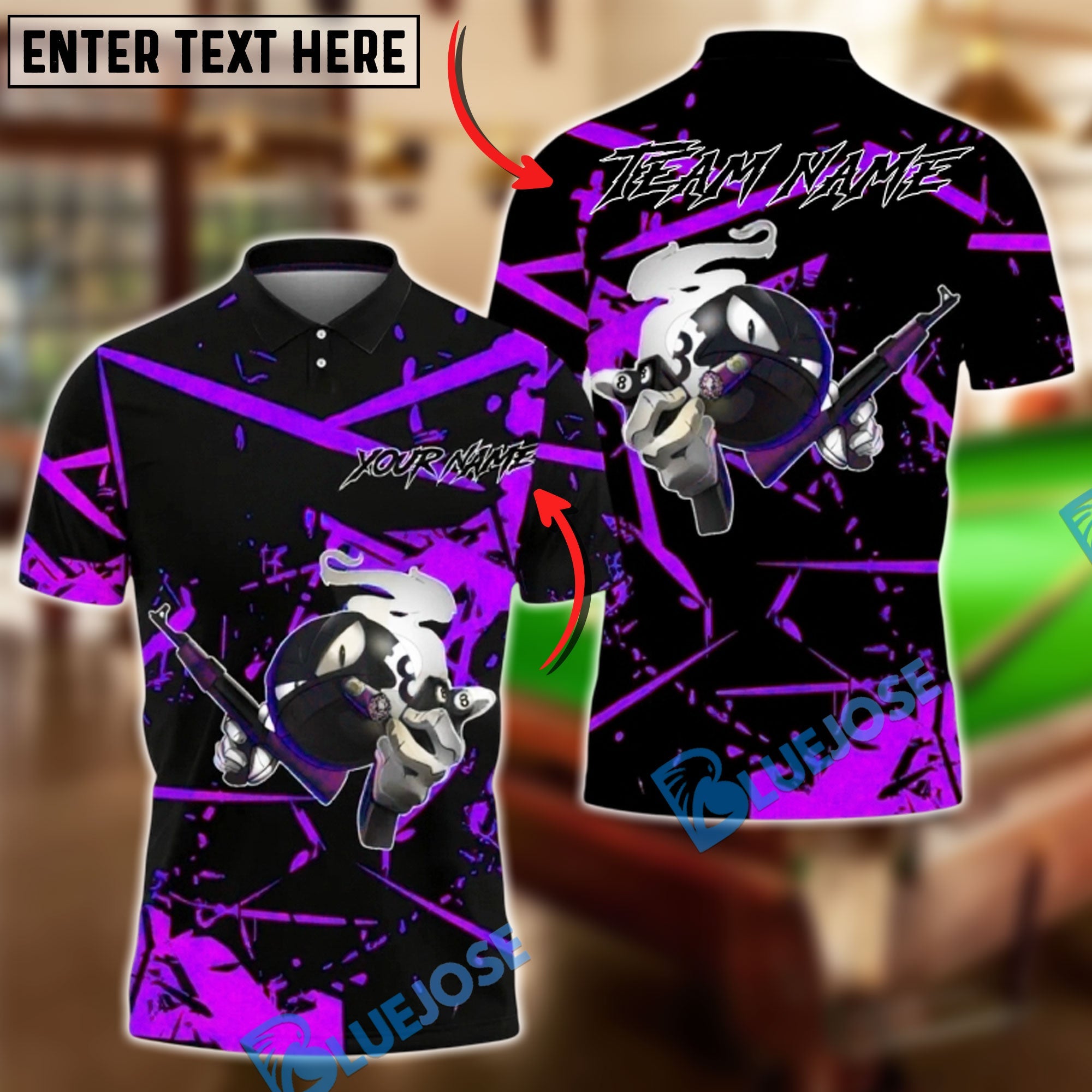 BlueJose Billiards 8 Ball Gangster with Rifle Personalized Name, Team Name Unisex Shirt (4 Colors)