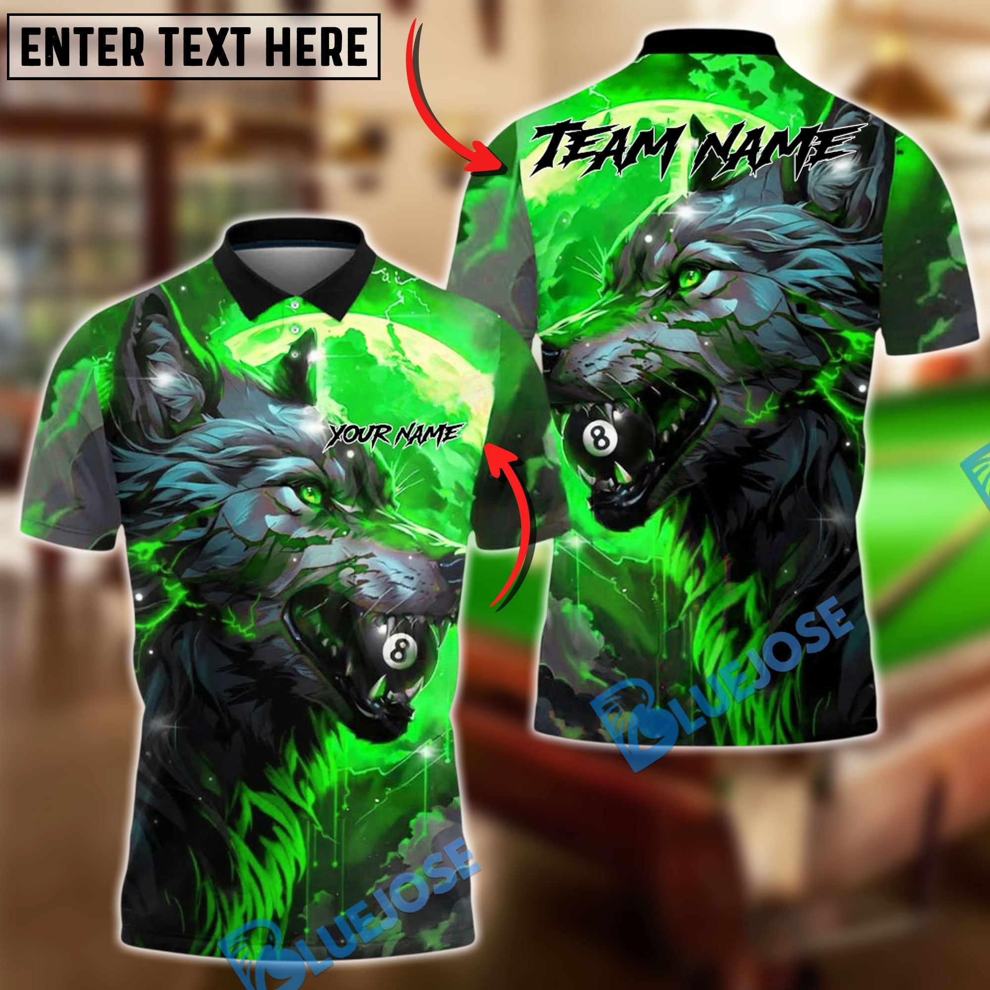 BlueJose Billiards 8 Ball Wolf Flame Fire Theme Personalized Name, Team Name Unisex Shirt (4 Colors)