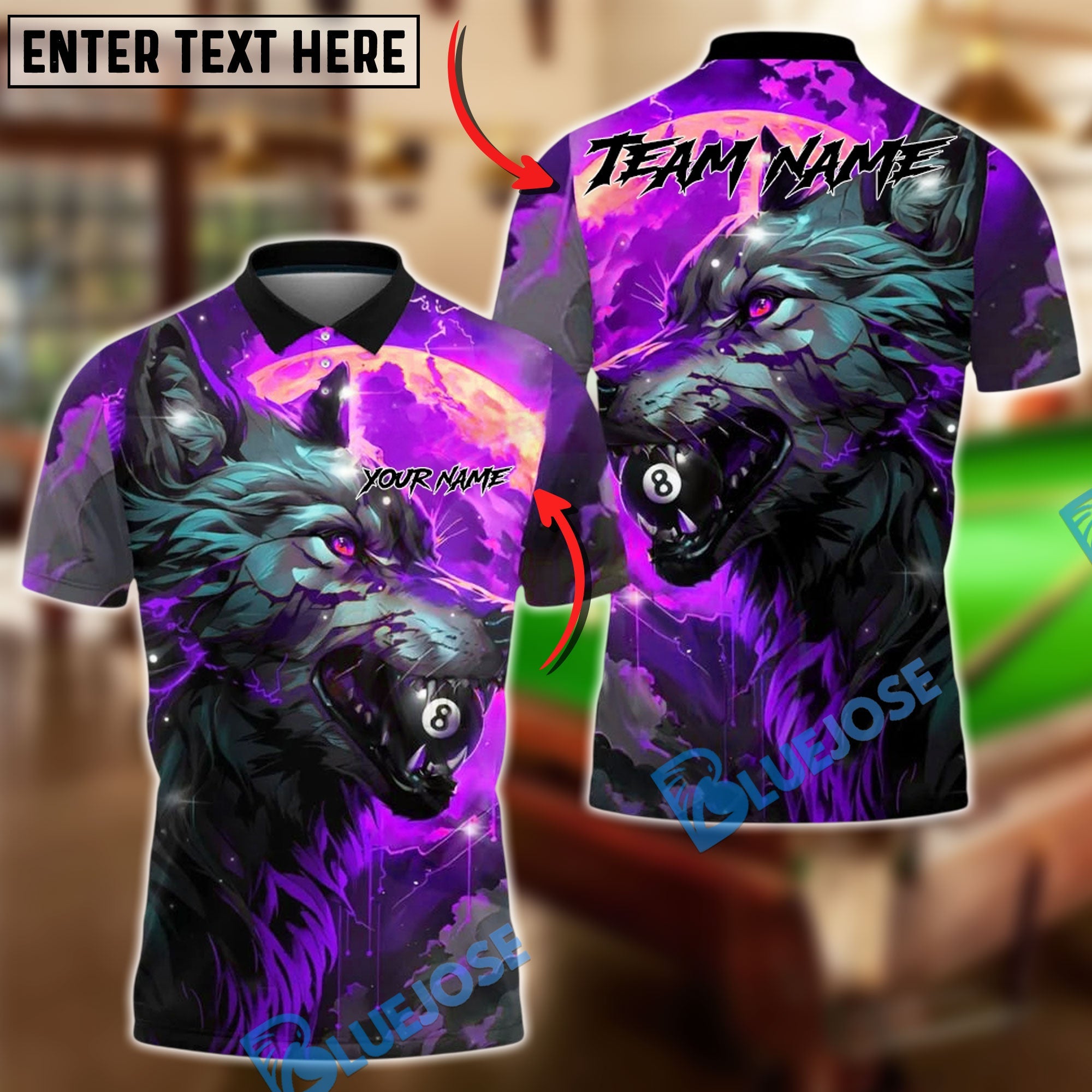 BlueJose Billiards 8 Ball Wolf Flame Fire Theme Personalized Name, Team Name Unisex Shirt (4 Colors)