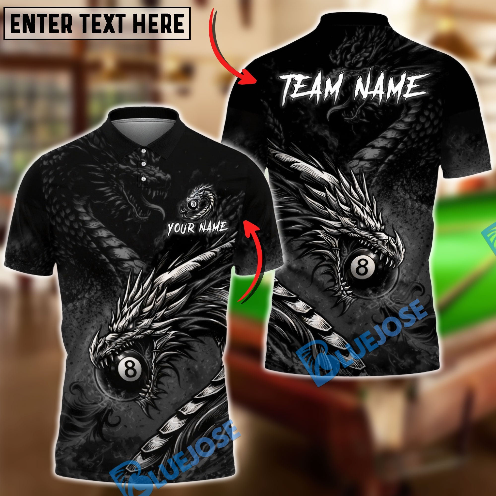 BlueJose Billiards Dragon 8 Ball Fire Shadow Customized Name, Team Name 3D Shirt (6 Colors)