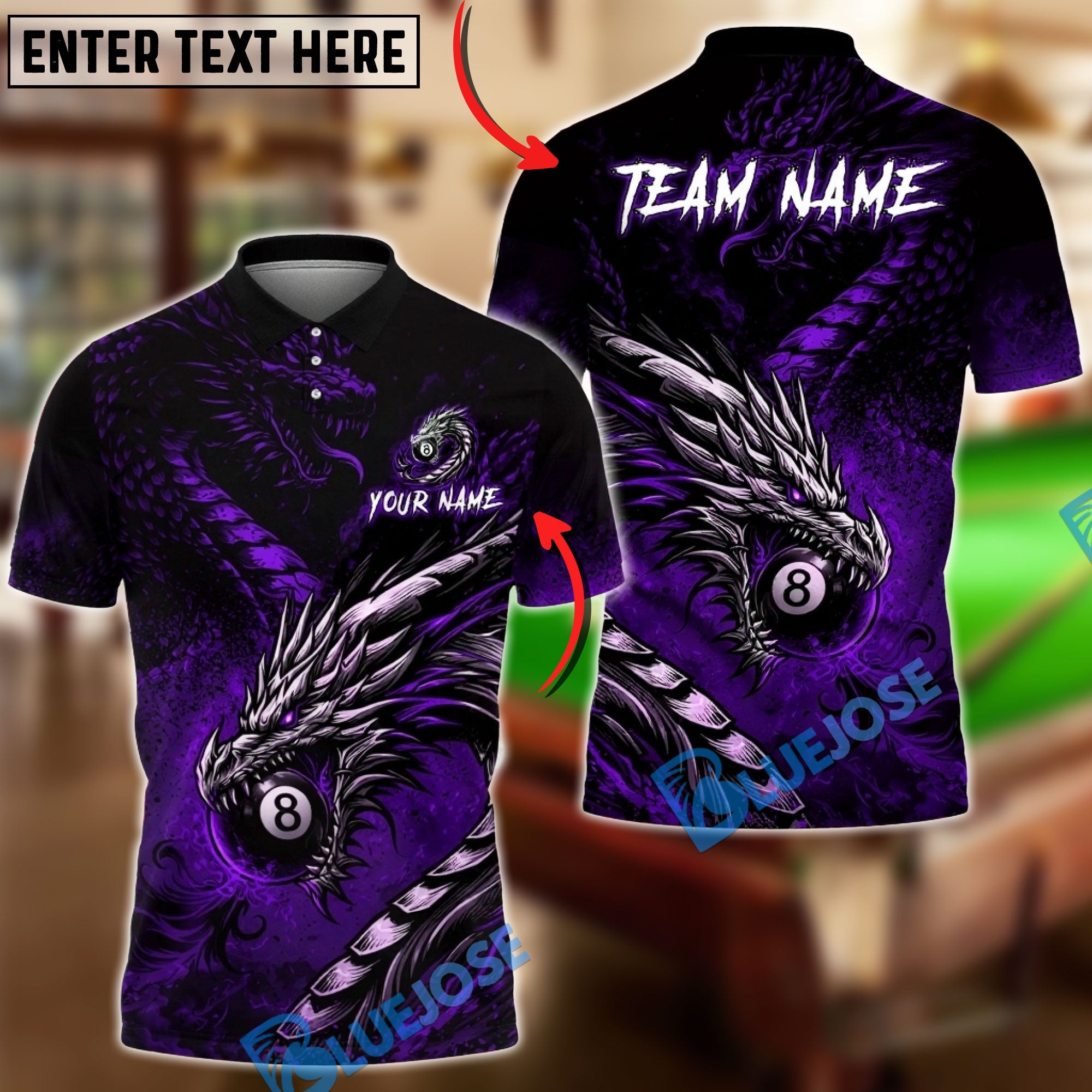BlueJose Billiards Dragon 8 Ball Fire Shadow Customized Name, Team Name 3D Shirt (6 Colors)