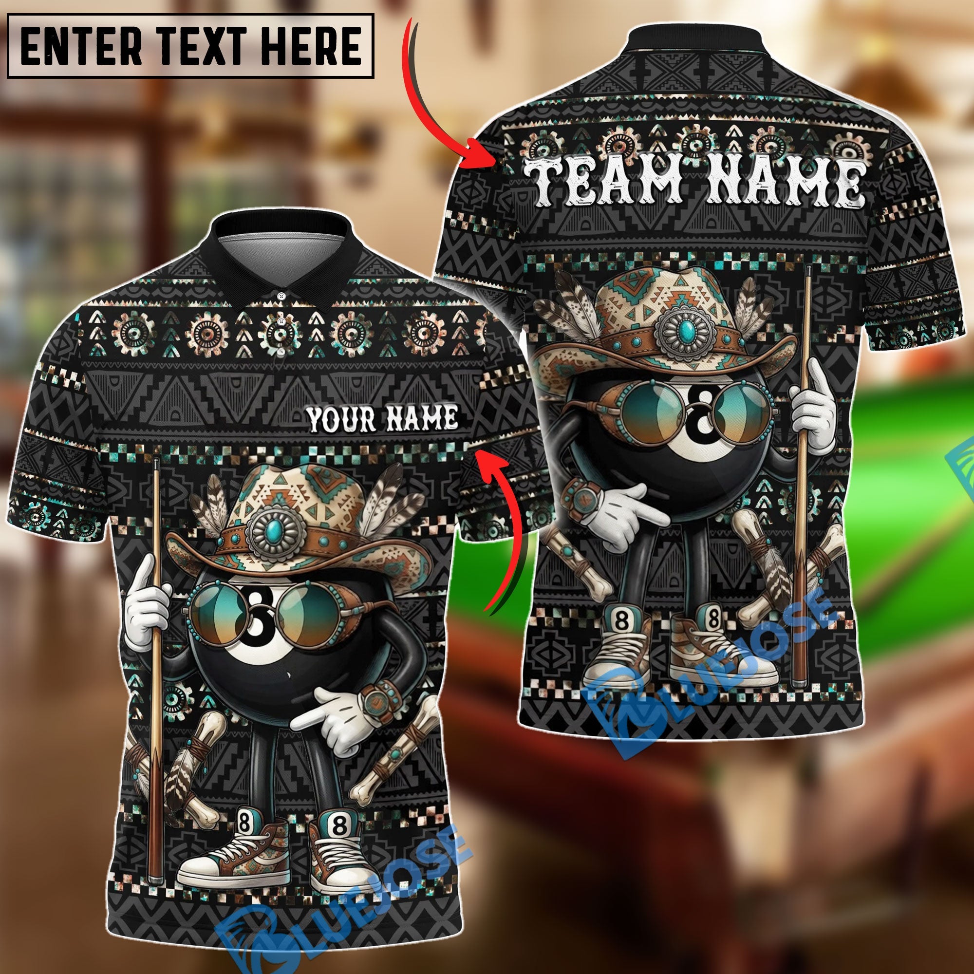 BlueJose Billiards Native Western Cowboy 8 Ball Design Personalized Shirt