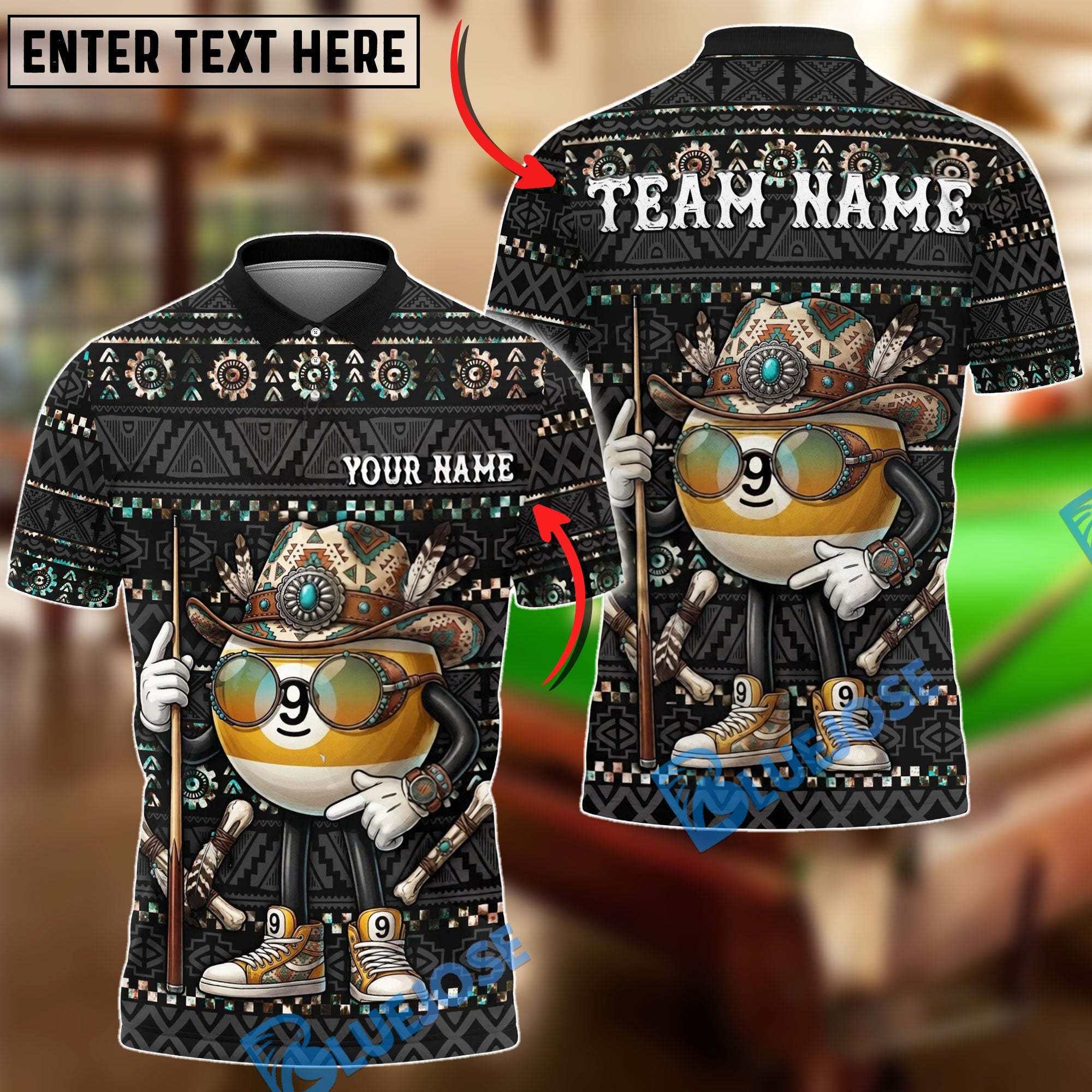 BlueJose Billiards Native Western Cowboy 9 Ball Design Personalized Shirt