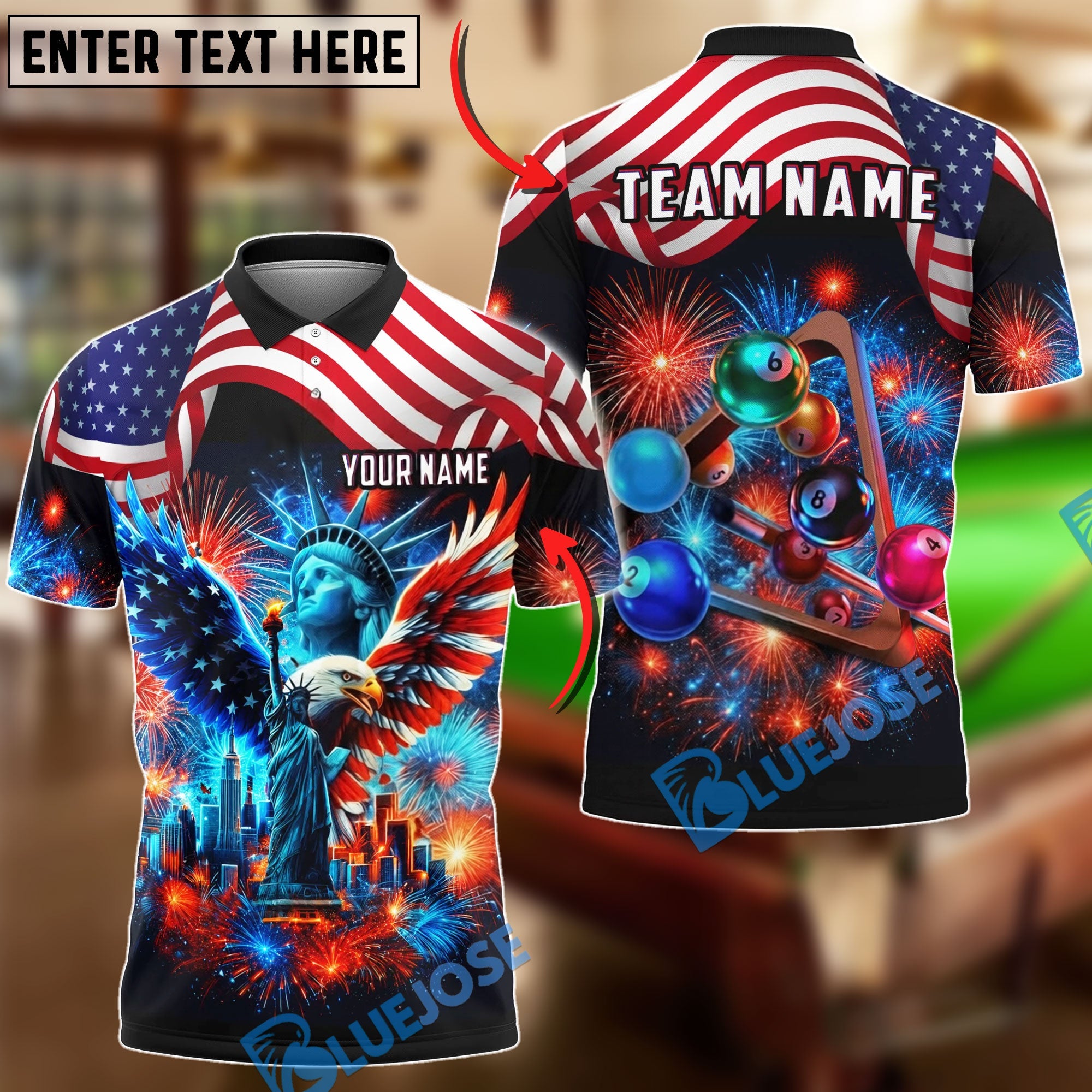 BlueJose Billiards 8 Ball Patriotic American Flag Statue of Liberty Eagle Fireworks Personalized Shirt