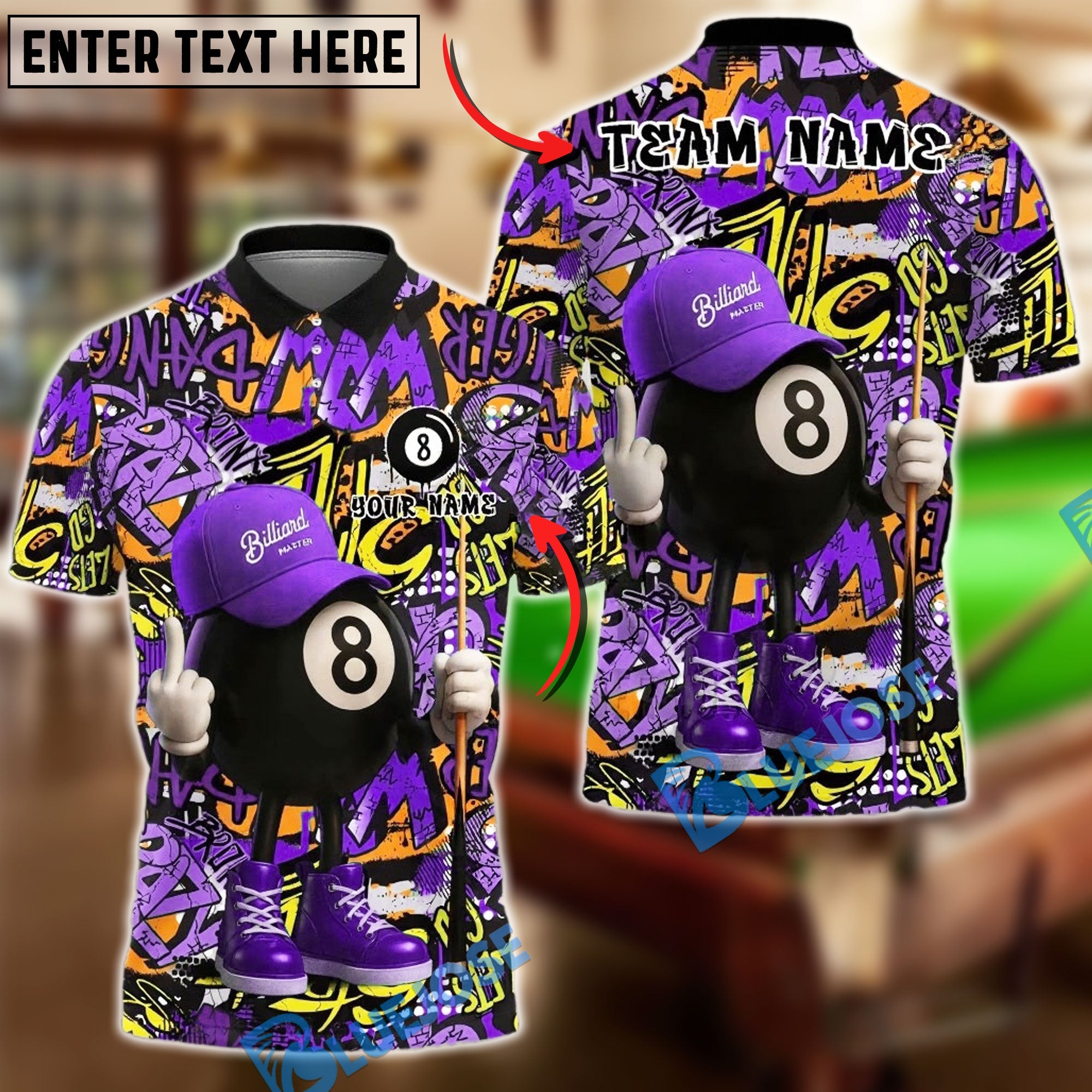 BlueJose Billiards Ball 8 Master Graffiti Style Personalized Name Shirt (4 Colors)