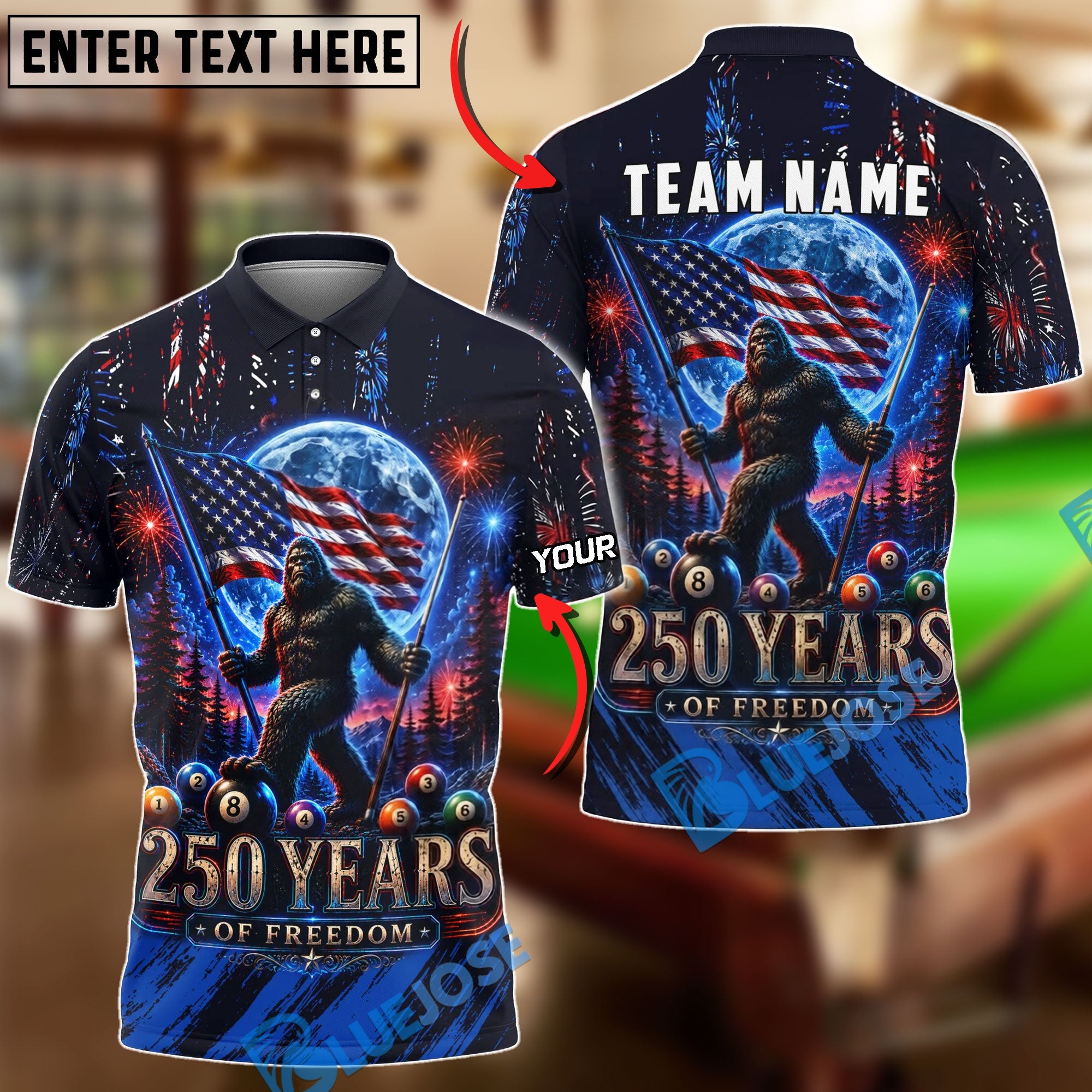 BlueJose Billiards Bigfoot American Flag 8 Ball Freedom Design Personalized Shirt