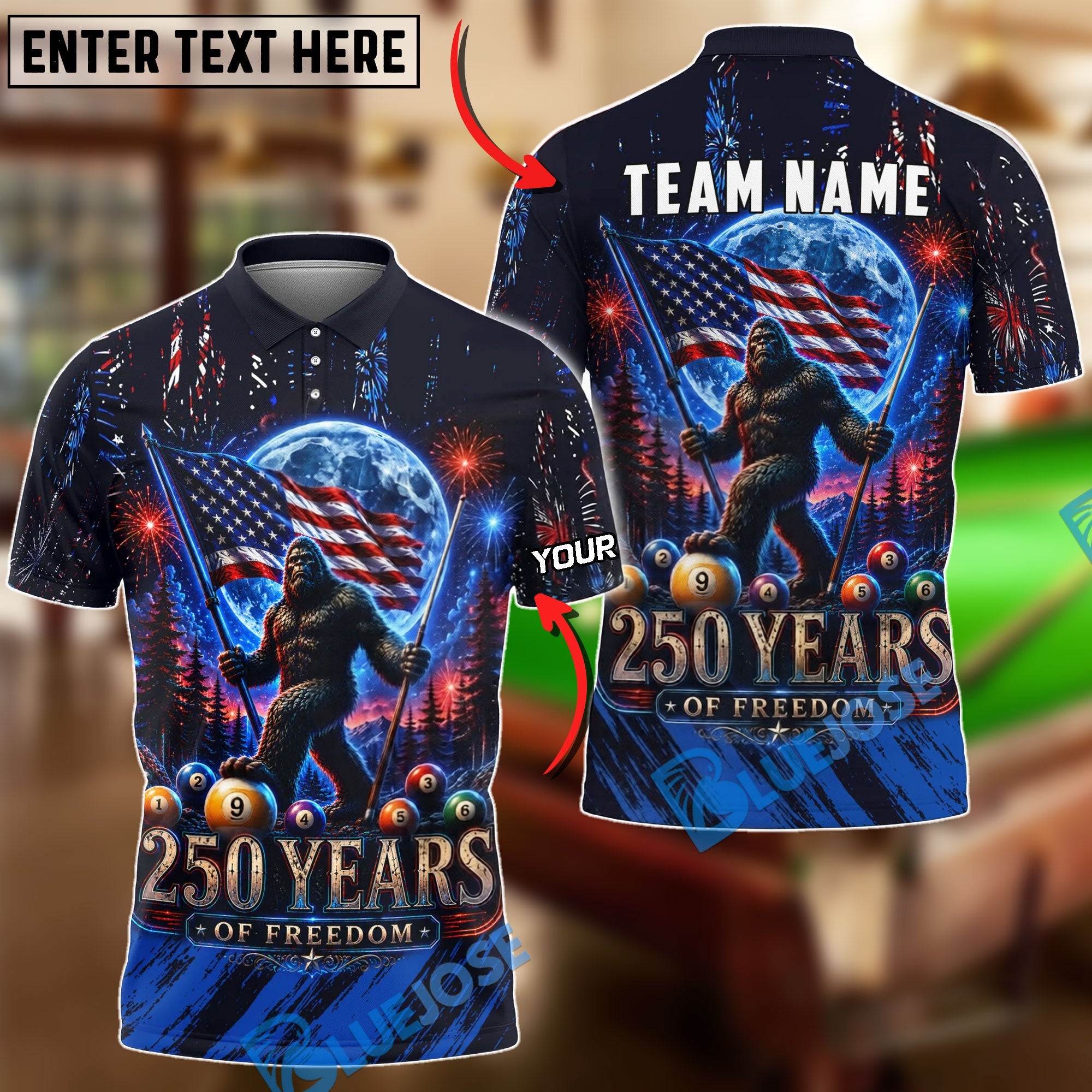BlueJose Billiards Bigfoot American Flag 9 Ball Freedom Design Personalized Shirt