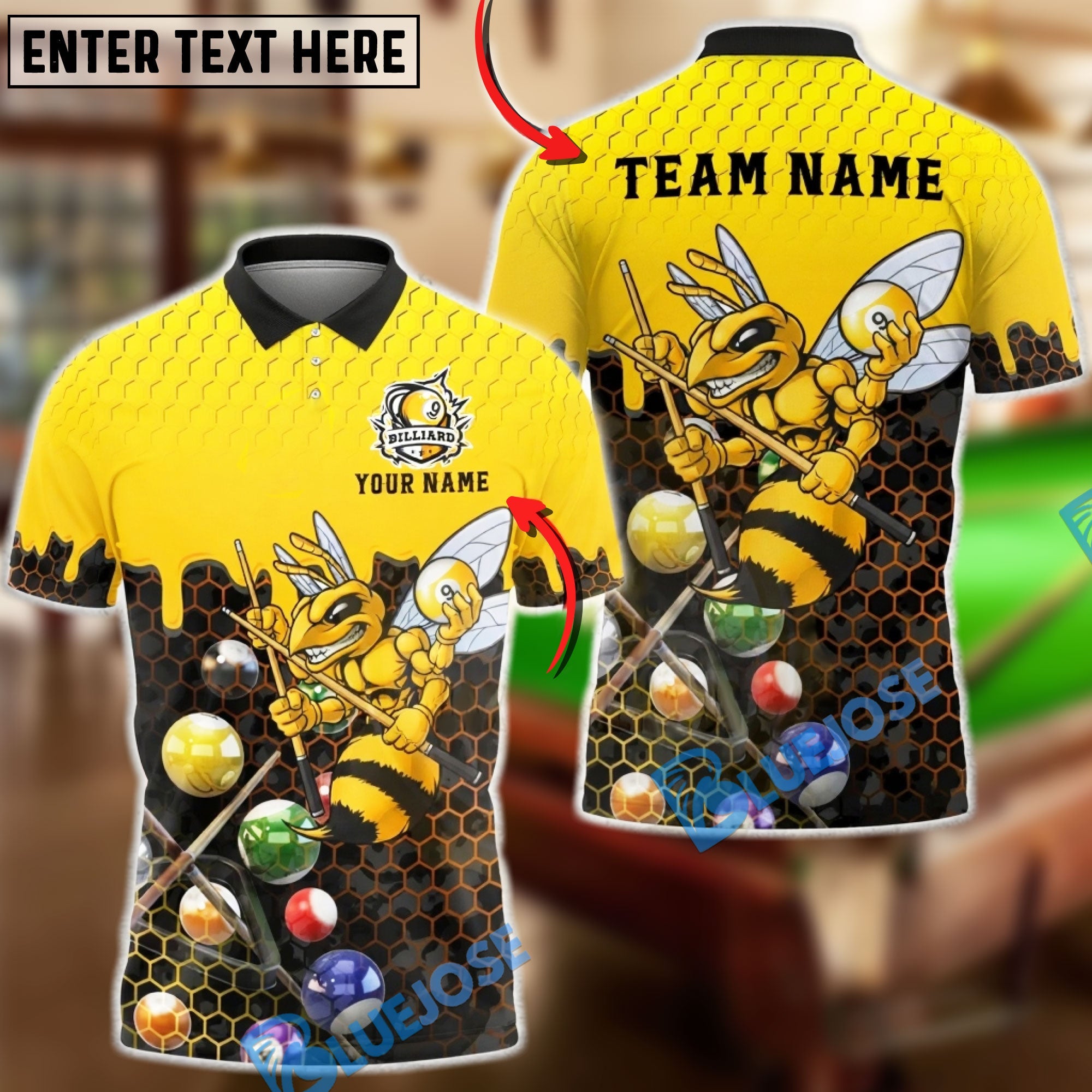 BlueJose Billiards Angry Bee 9 Ball Honeycomb Personalized Shirt