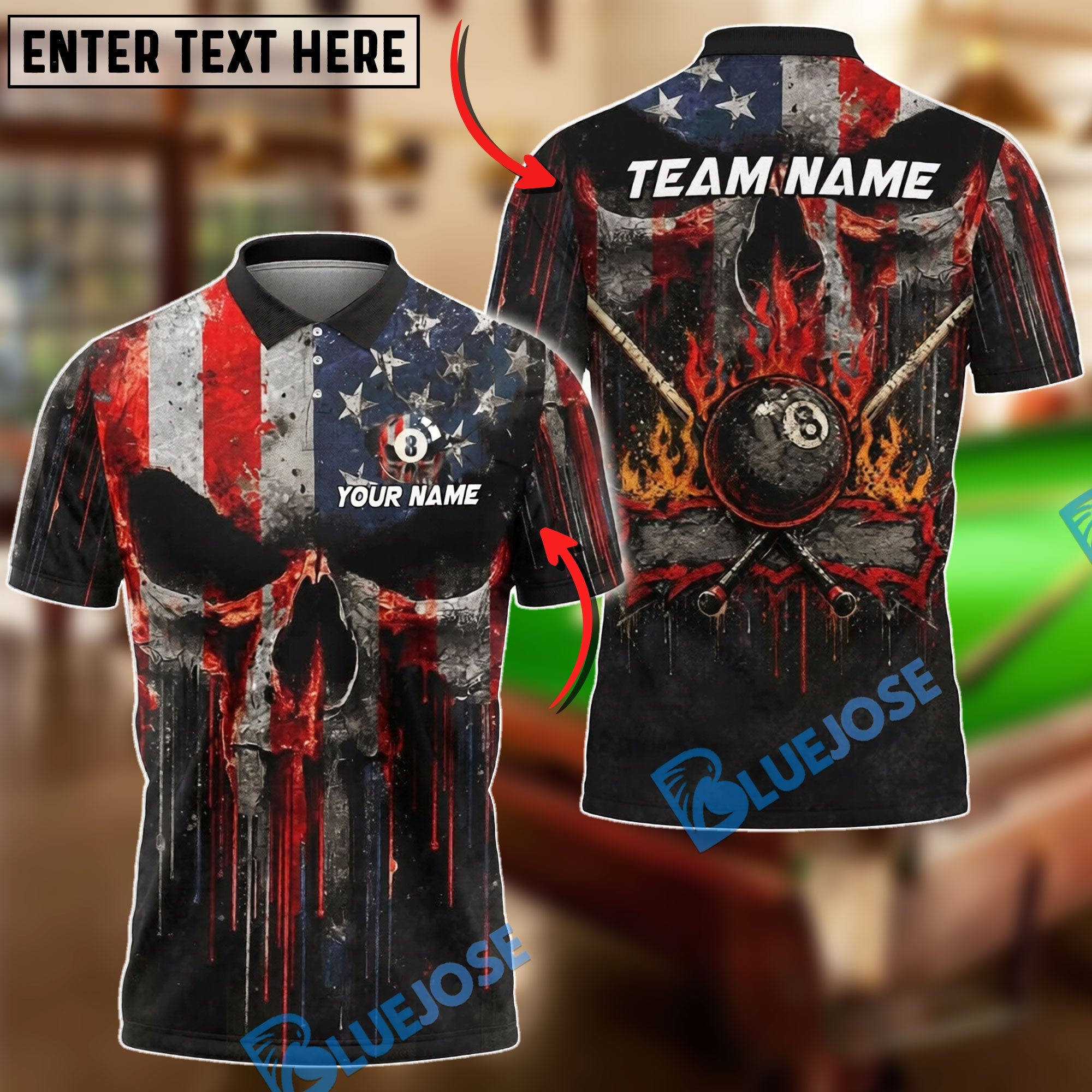 BlueJose Billiards Melt Grunge American Flag Skull 8 Ball Flames Design Personalized Shirt