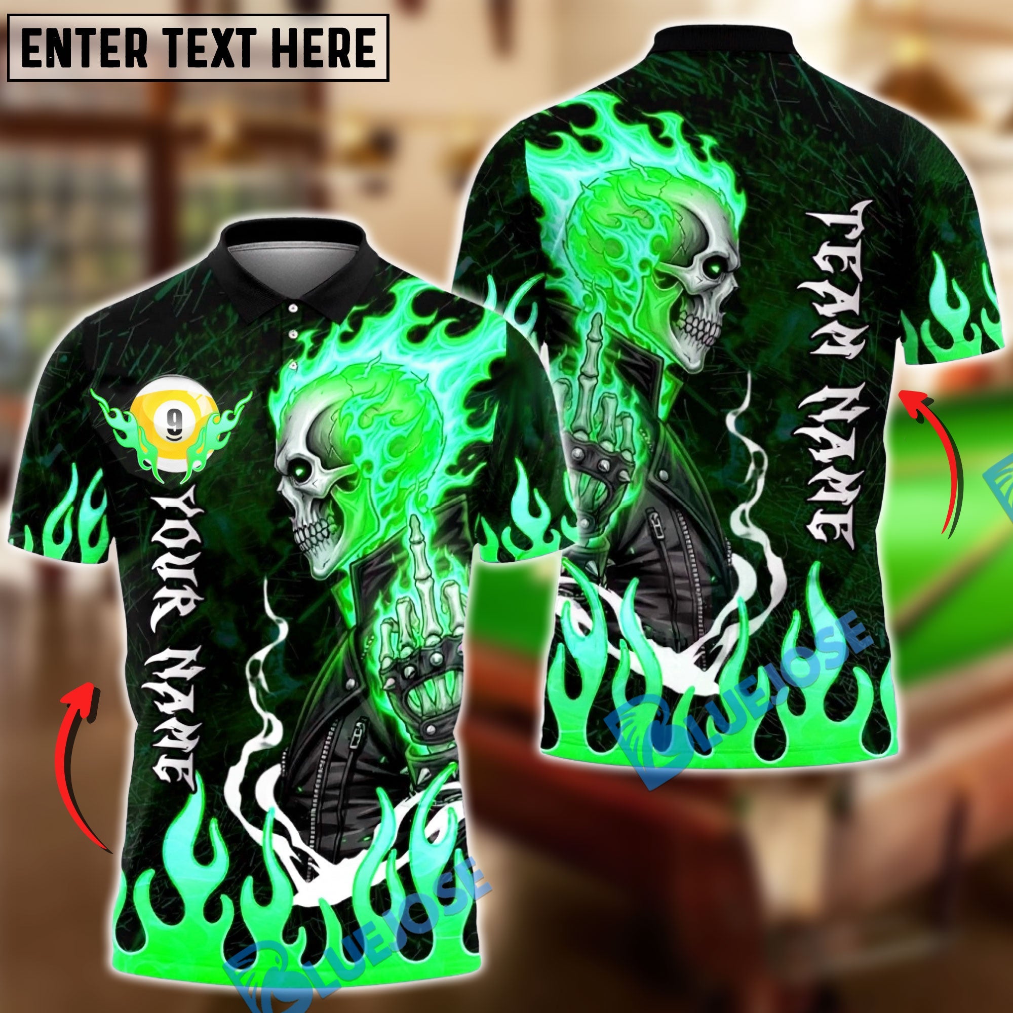 BlueJose Billiards Ball 9 Flaming Biker Skull Middle Finger Customized Name, Team Name 3D Shirt (4 Colors)