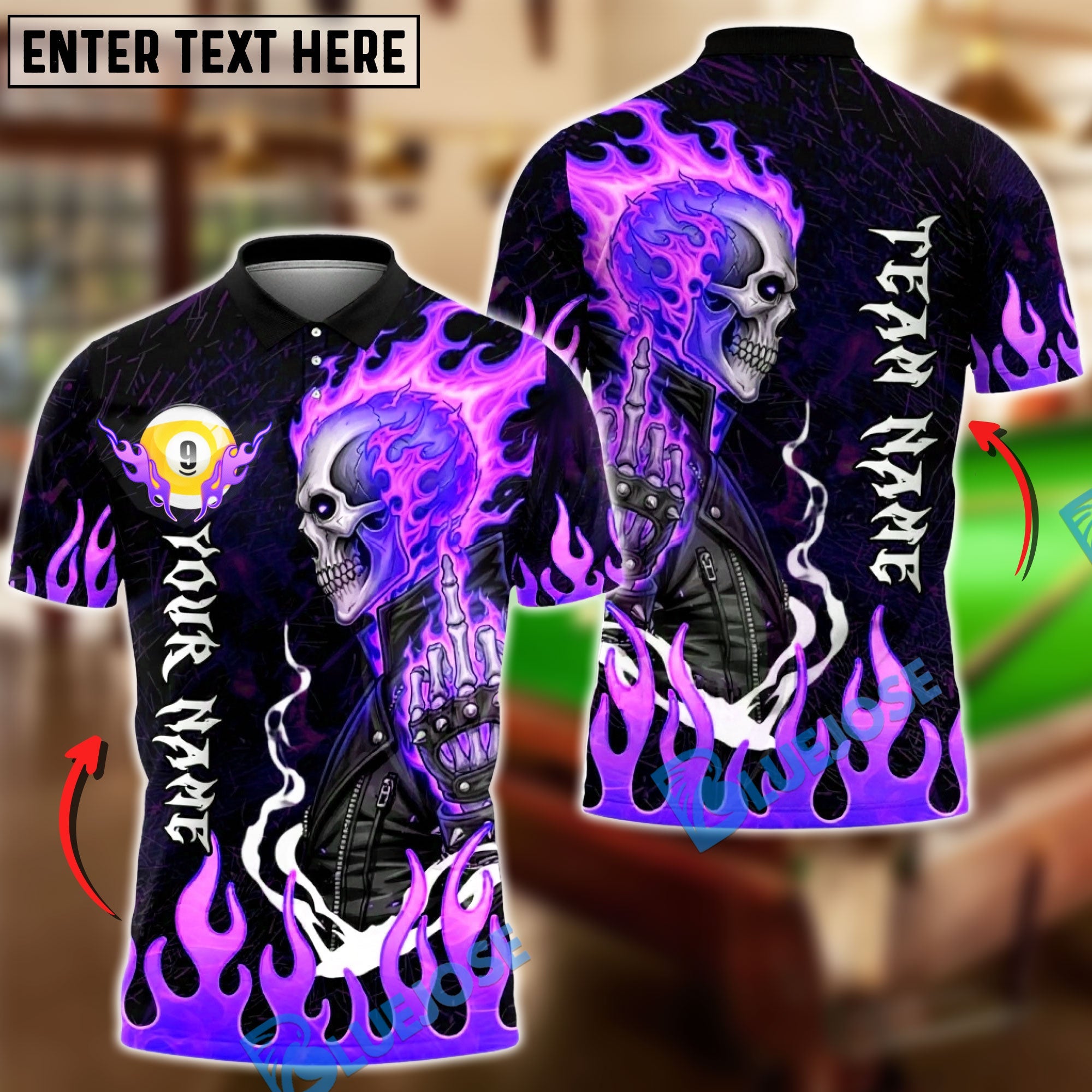 BlueJose Billiards Ball 9 Flaming Biker Skull Middle Finger Customized Name, Team Name 3D Shirt (4 Colors)