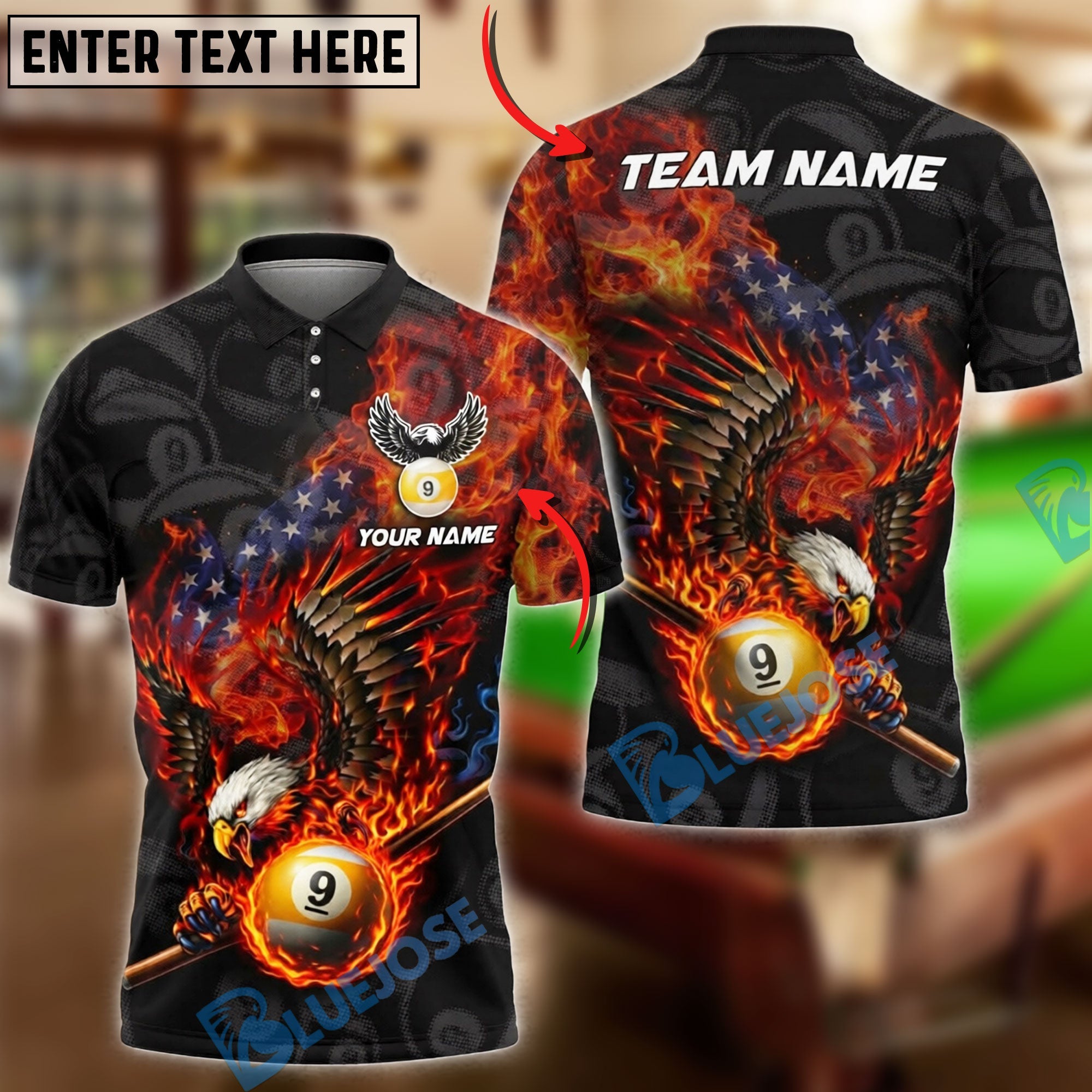 BlueJose Billiards Patriotic Flaming Eagle 9 Ball Pool Personalized Shirt