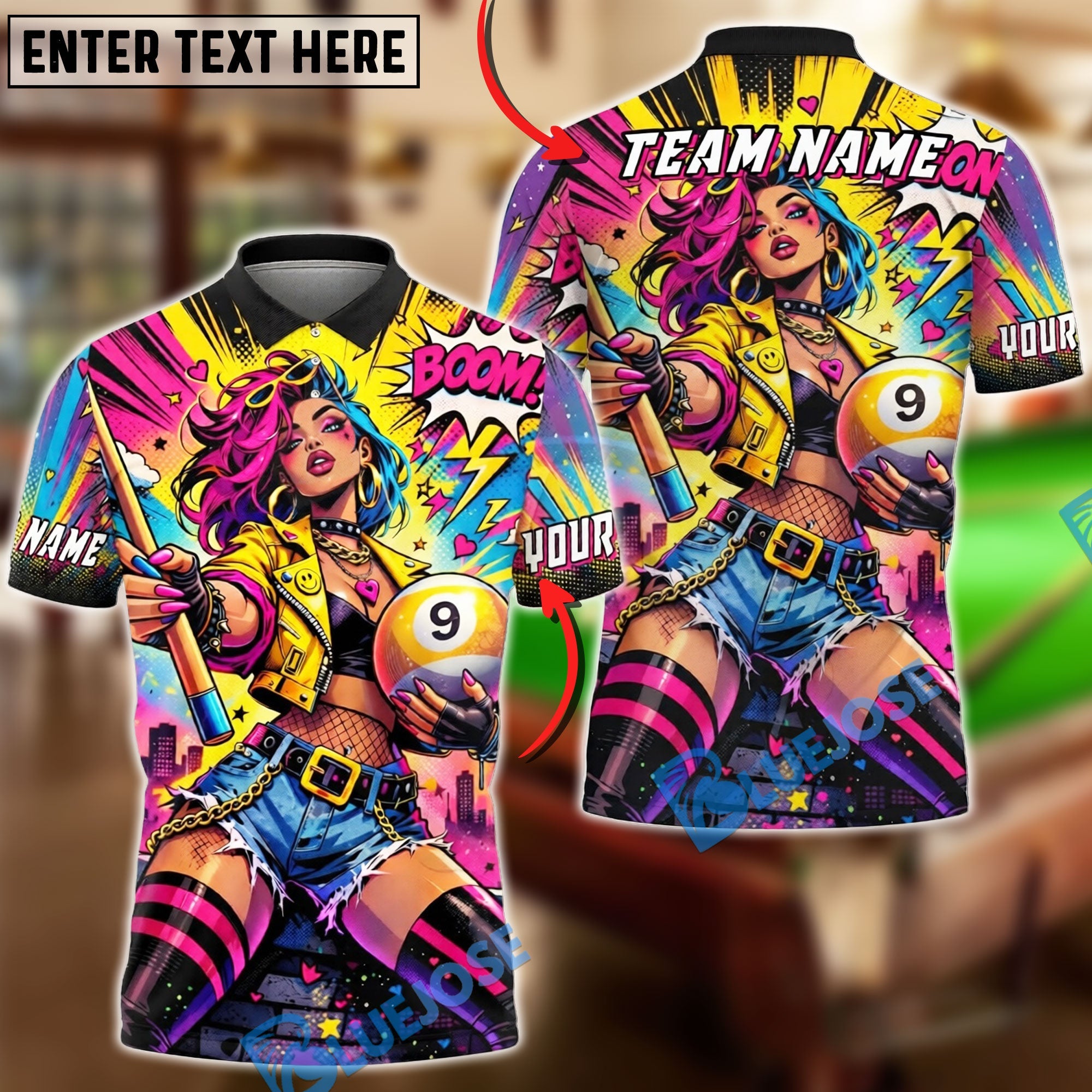 BlueJose Billiards Pop Art Girl 9 Ball Neon Comic Style Personalized Shirt