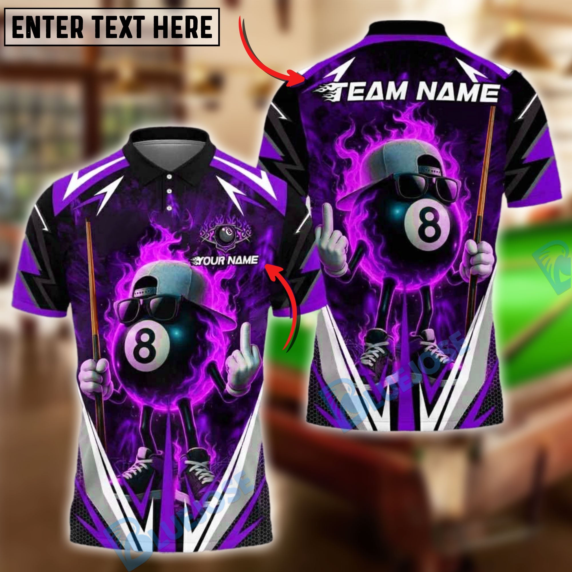 BlueJose Billiards Flaming 8-Ball Cool Style Personalized Name, Team Name Unisex Shirt (4 Colors)