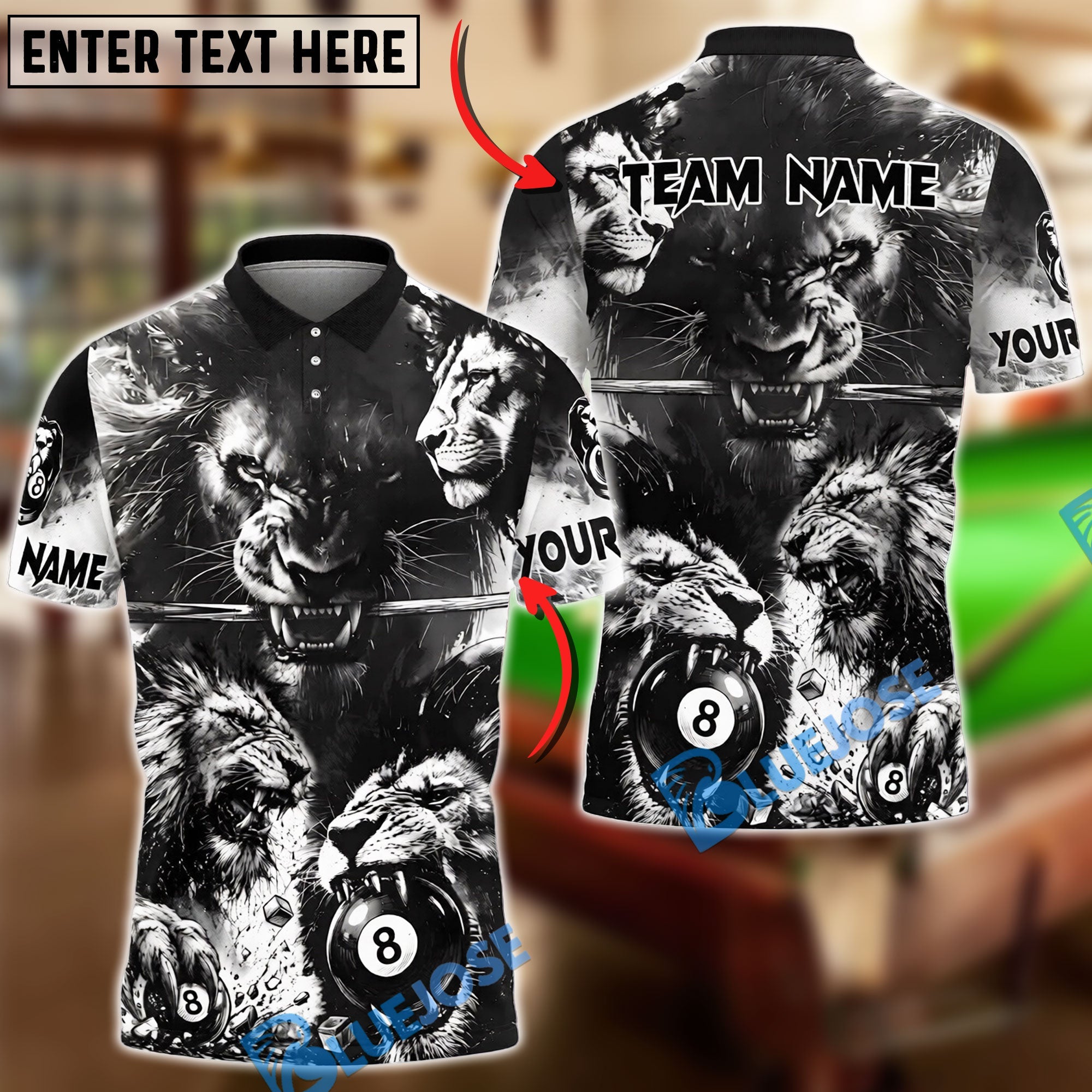 BlueJose Billiards 8 Ball Black White Lion Design Personalized Shirt