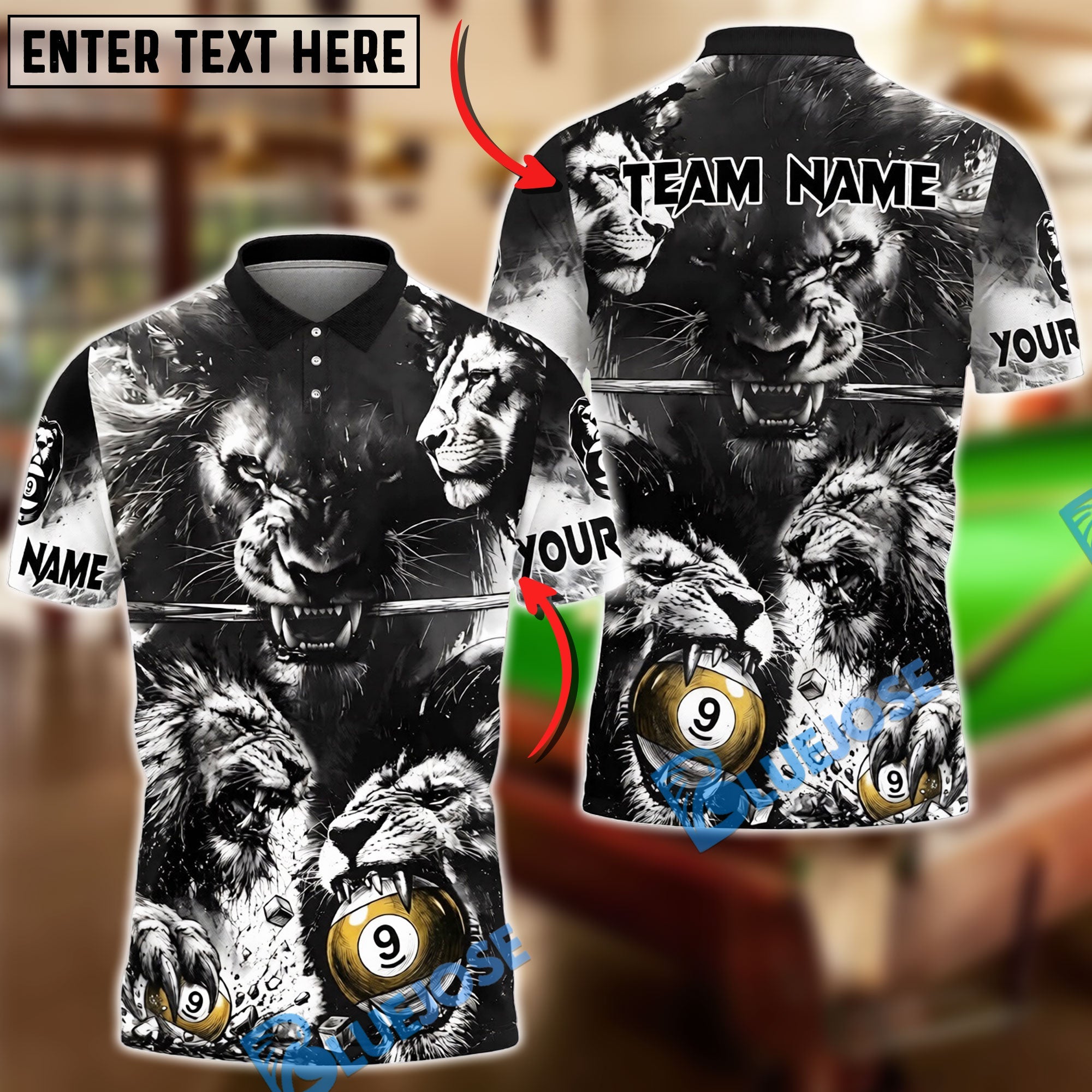 BlueJose Billiards 9 Ball Black White Lion Design Personalized Shirt