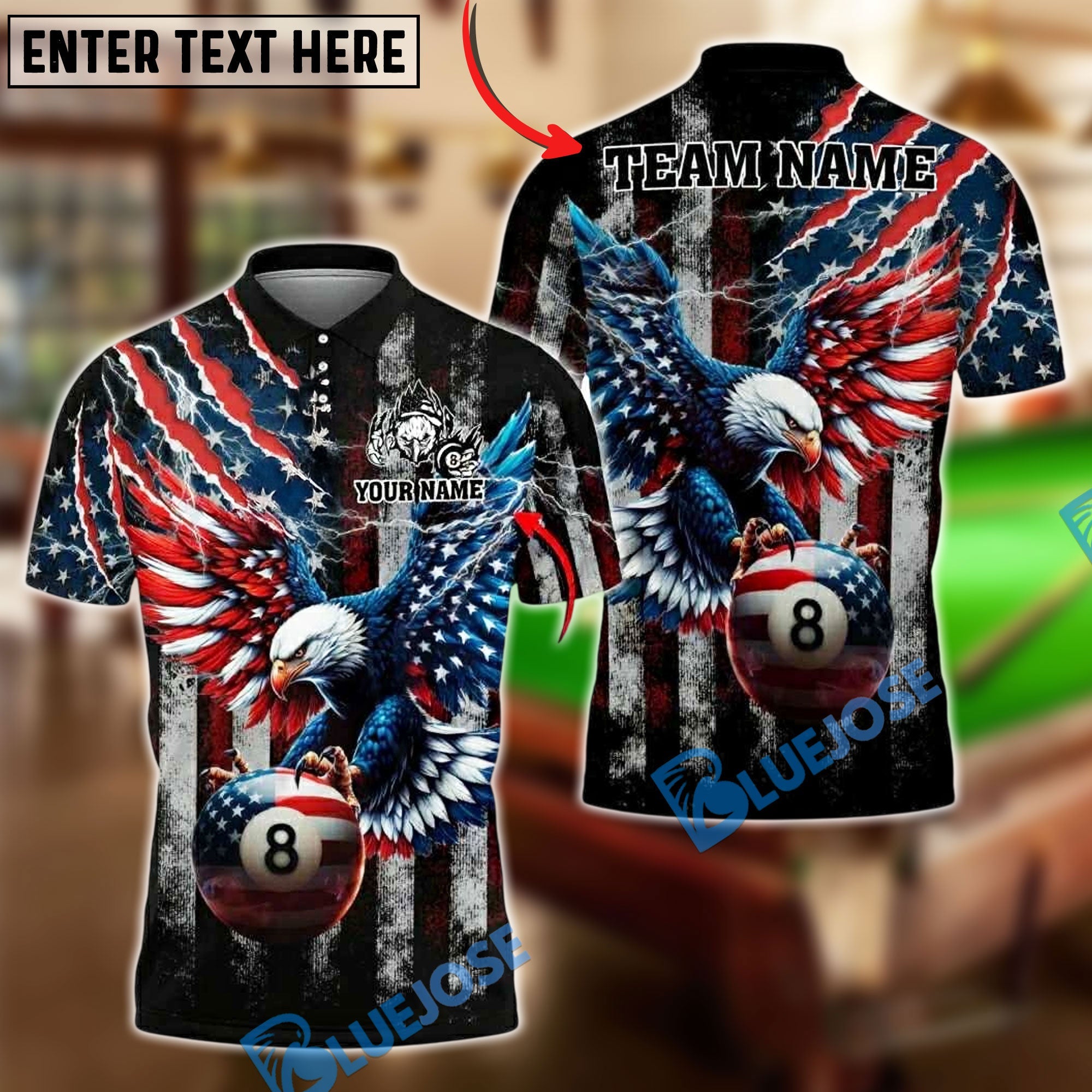 BlueJose Billiards Ball 8 Eagle American Flag Lightning Customized Name, Team Name 3D Shirt