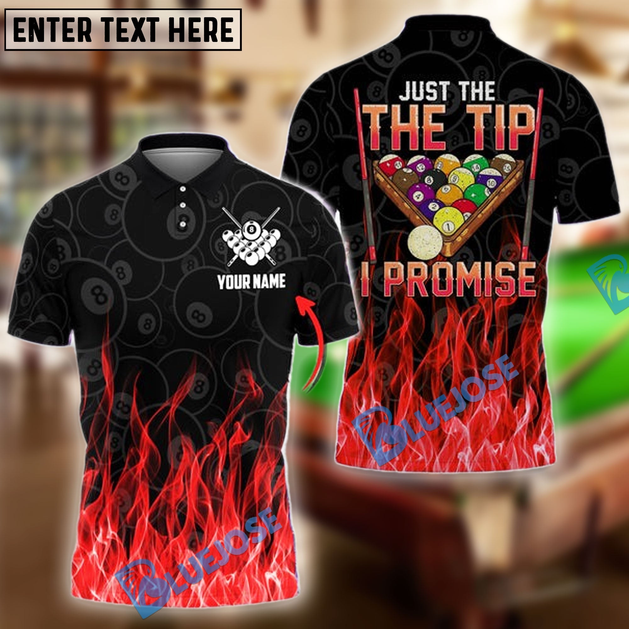 BlueJose Billiards Ball 8 Fire The Tip I Promise Personalized Name Shirt (4 Colors)
