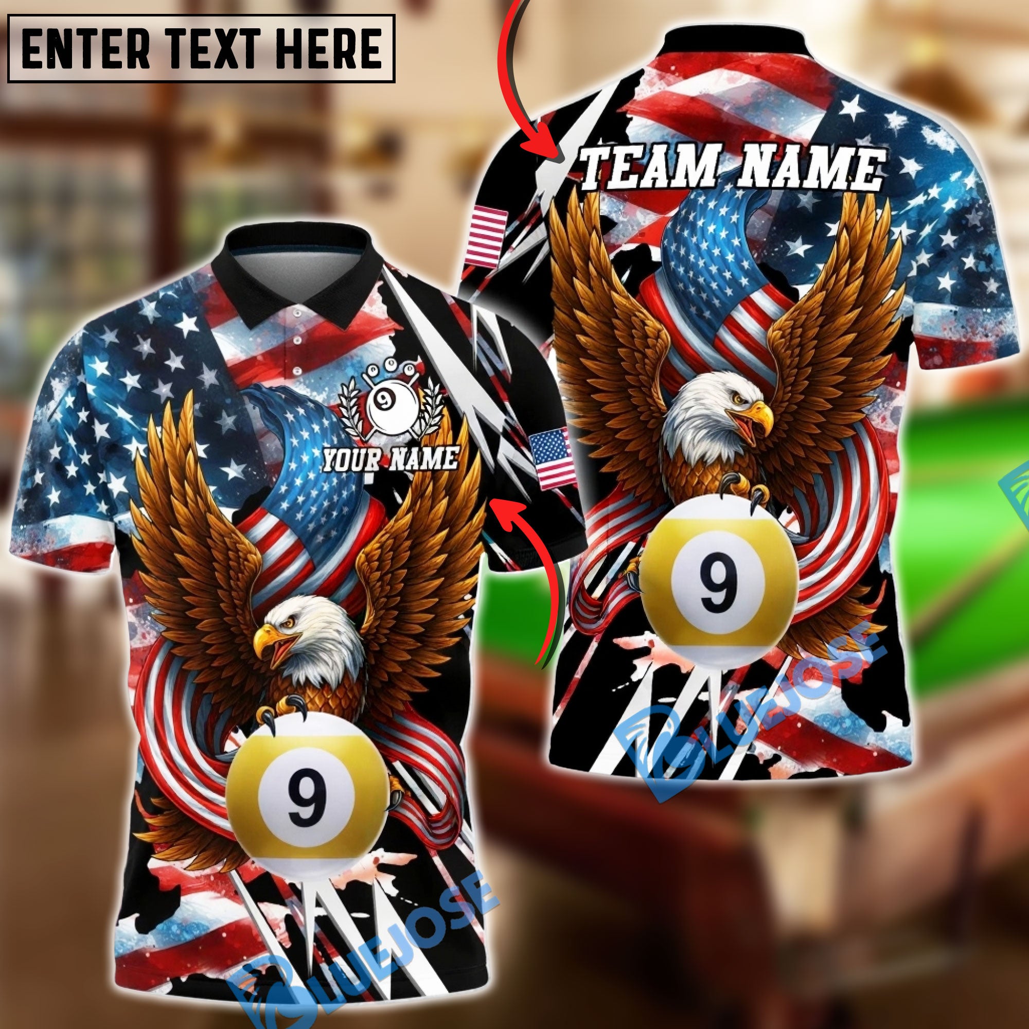 BlueJose Billiards American Eagle 9 Ball Patriotic USA Flag Pool Champion Tournament Design Personalized Shirt