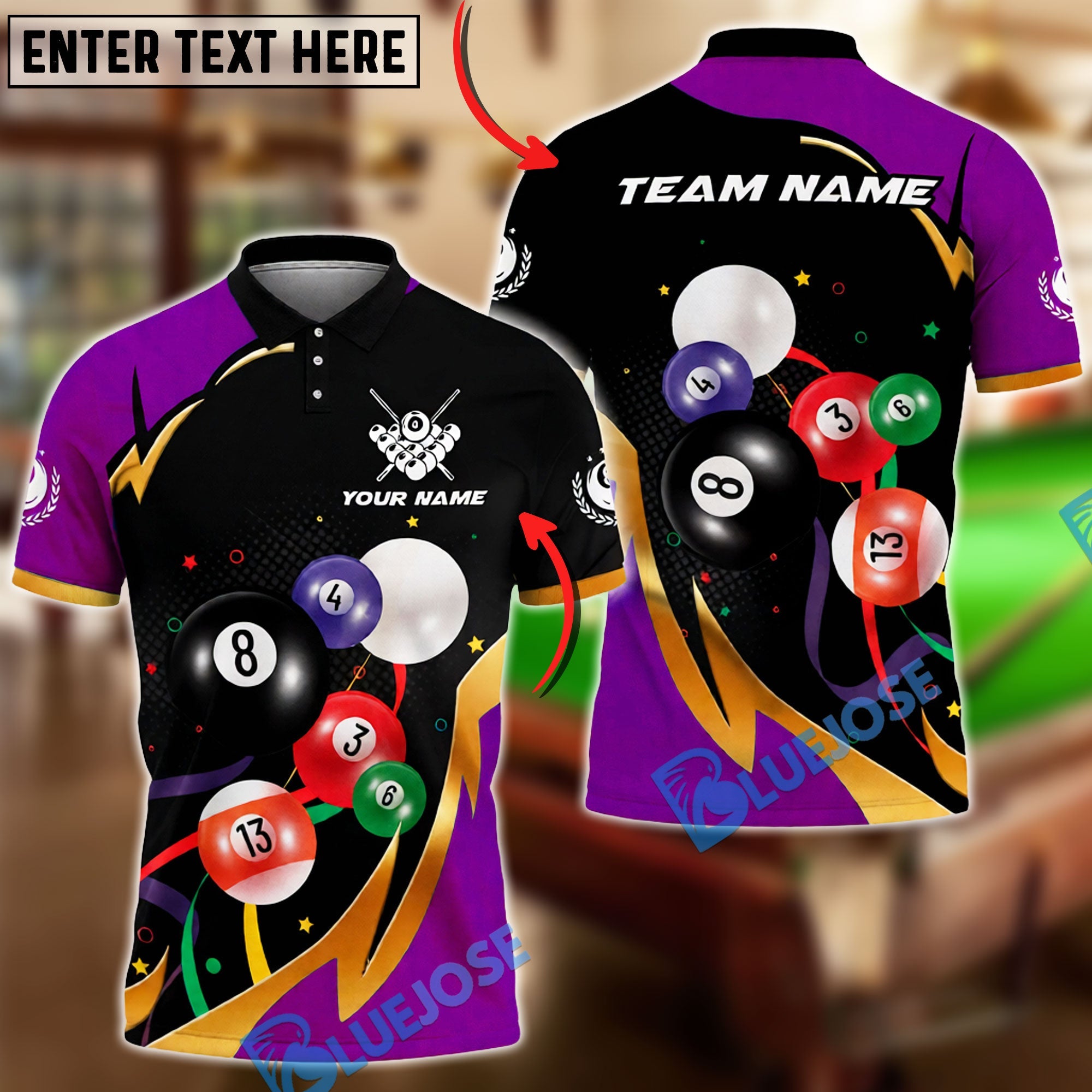 BlueJose Billiards 8-Ball Colorful Pool Balls Motion Graphic Customized Name, Team Name 3D Shirt (4 Colors)
