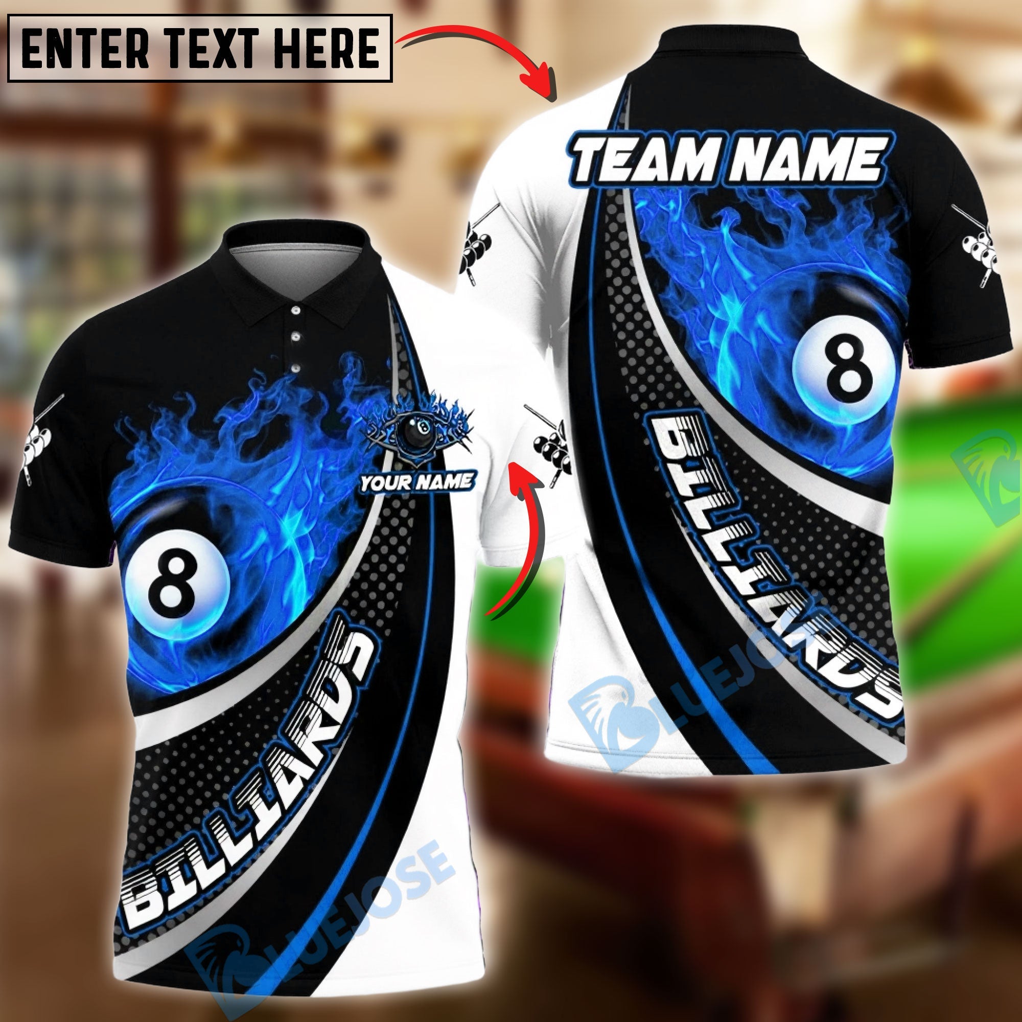 BlueJose Billiards 8-Ball Flaming Power Graphic Customized Name, Team Name 3D Shirt (4 Colors)