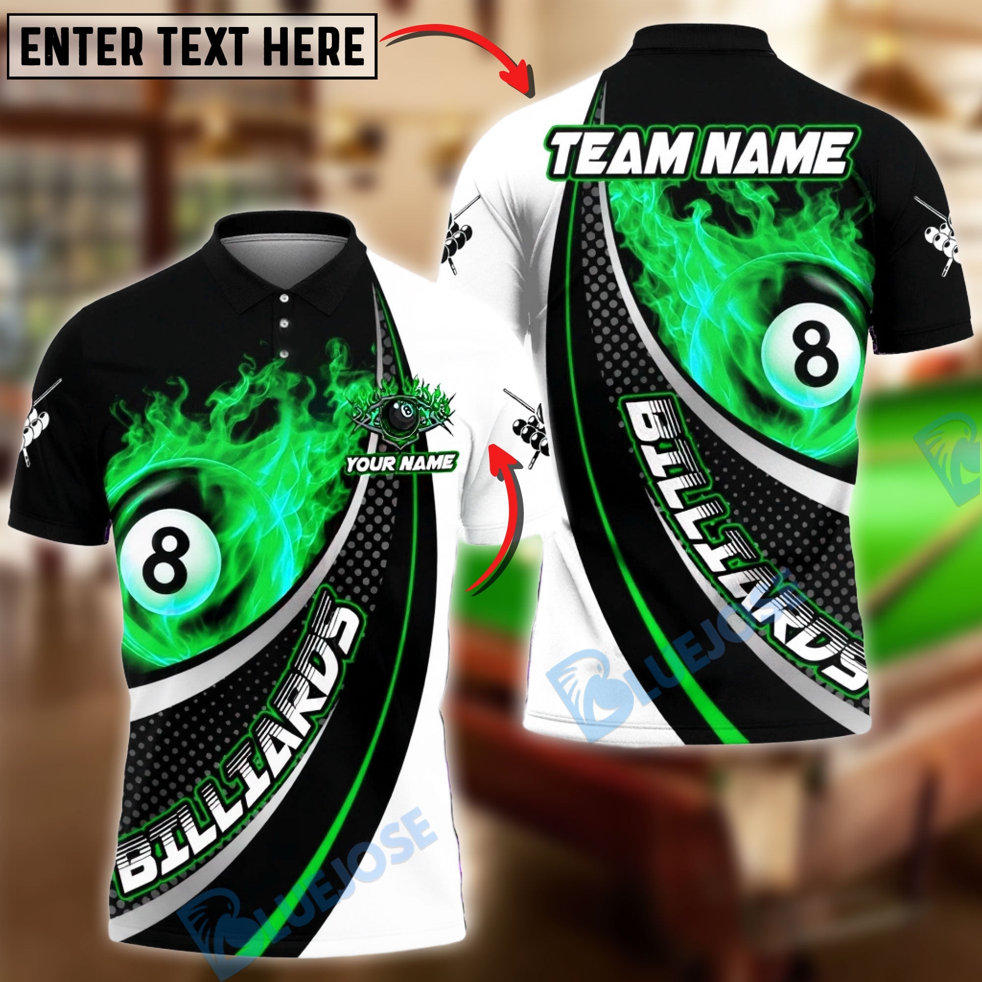 BlueJose Billiards 8-Ball Flaming Power Graphic Customized Name, Team Name 3D Shirt (4 Colors)