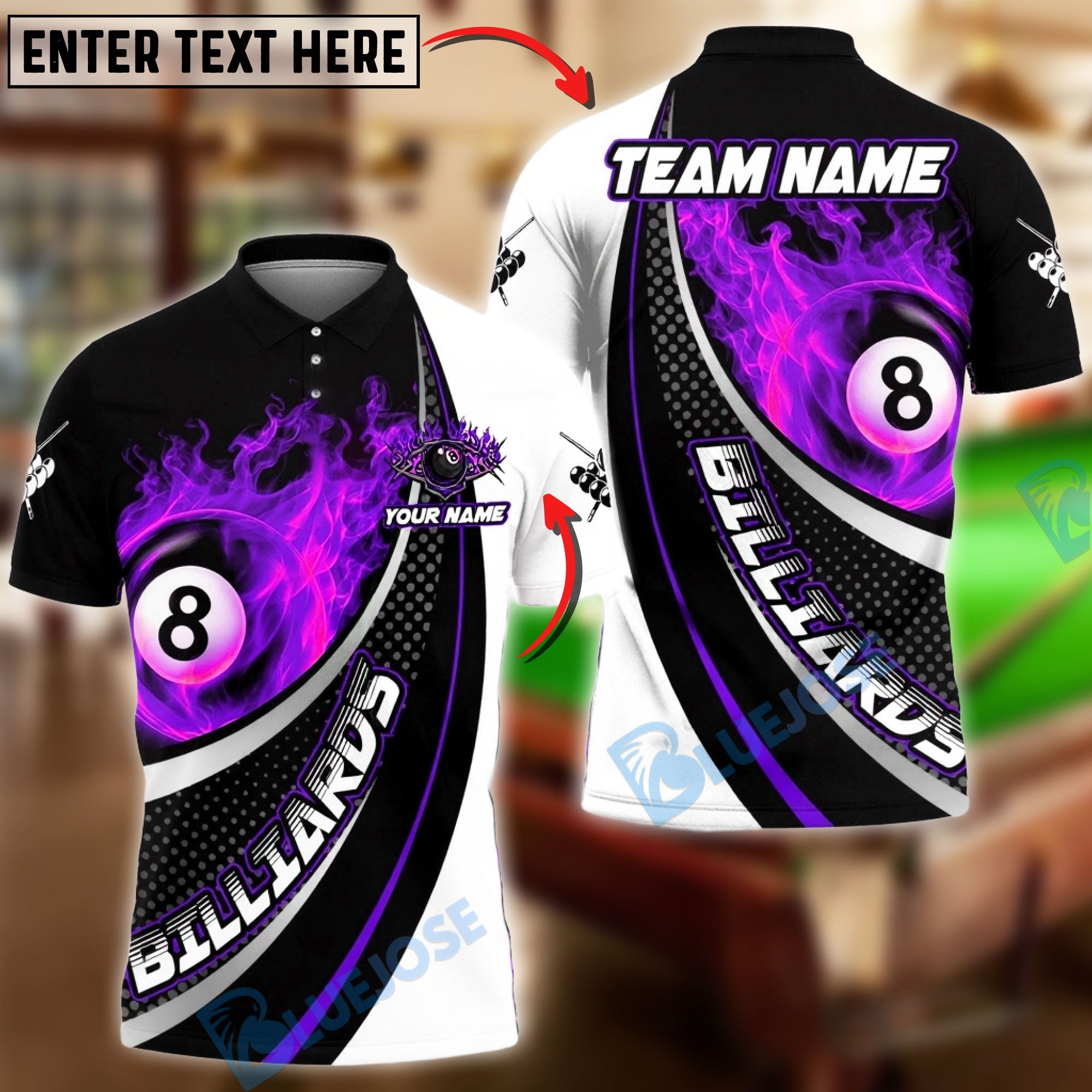 BlueJose Billiards 8-Ball Flaming Power Graphic Customized Name, Team Name 3D Shirt (4 Colors)
