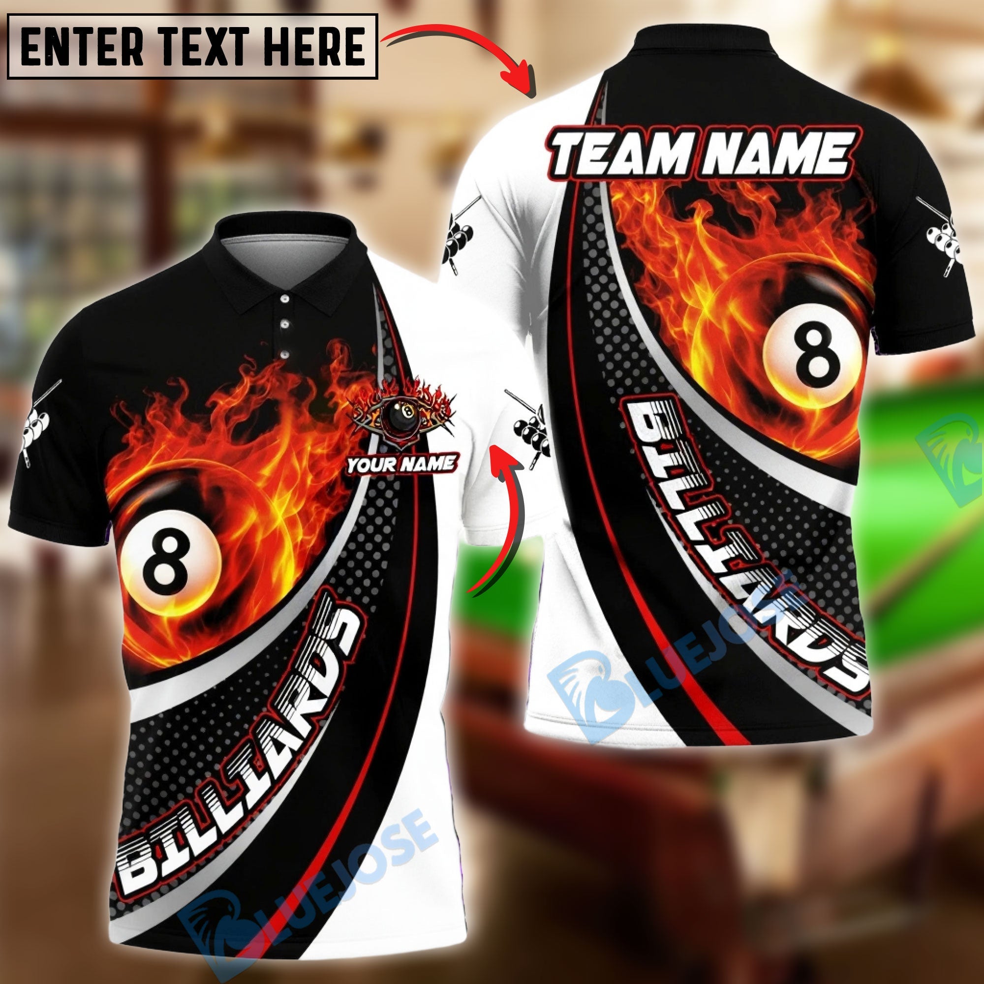 BlueJose Billiards 8-Ball Flaming Power Graphic Customized Name, Team Name 3D Shirt (4 Colors)