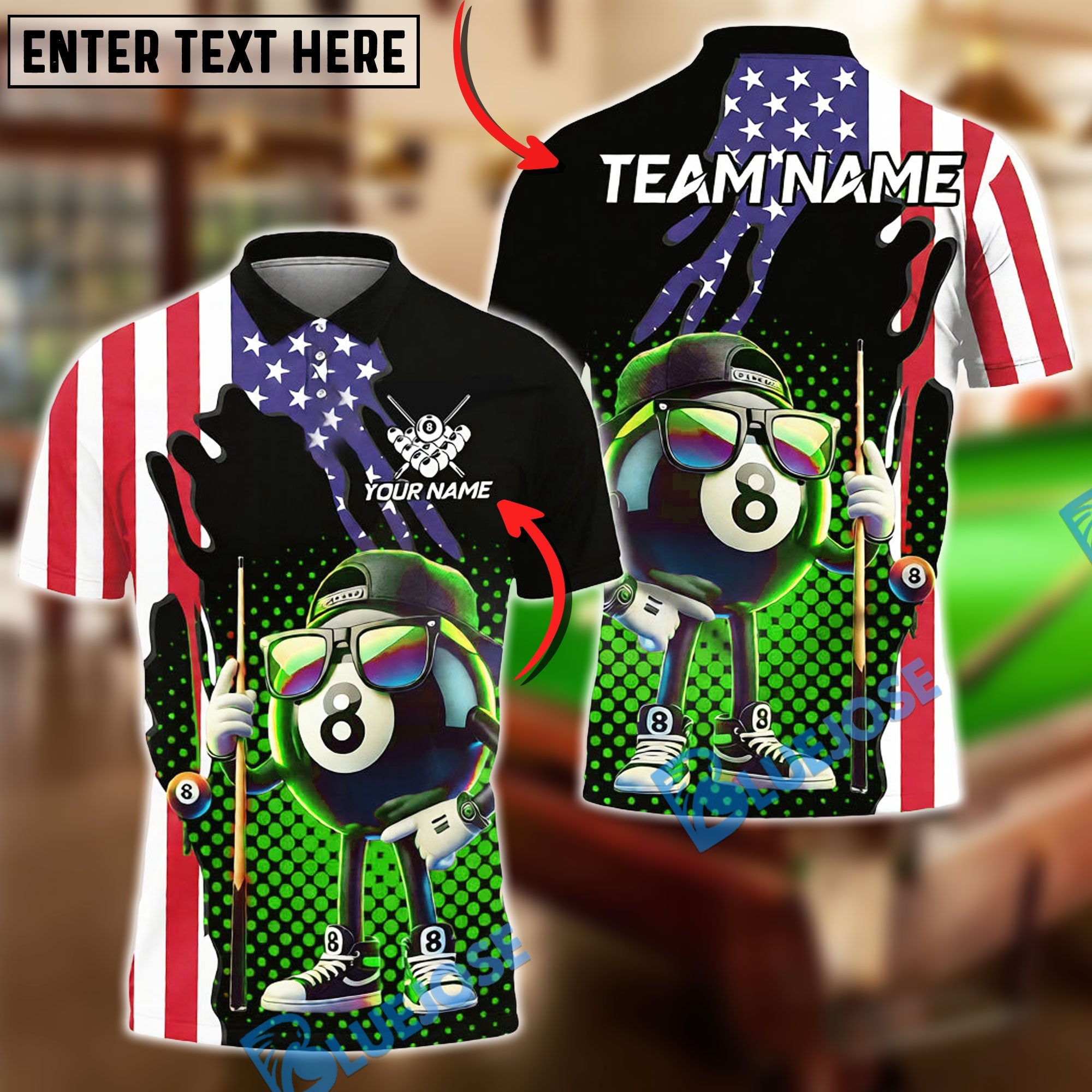 BlueJose Billiards 8-Ball Street Style USA Flag Customized Name, Team Name 3D Shirt (4 Colors)