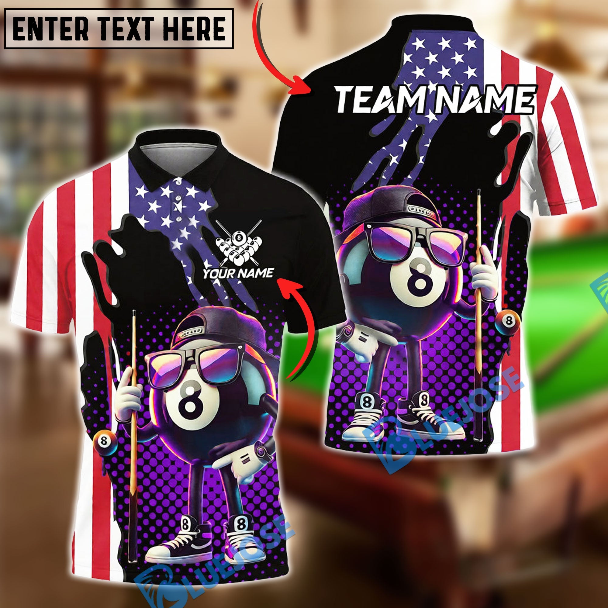 BlueJose Billiards 8-Ball Street Style USA Flag Customized Name, Team Name 3D Shirt (4 Colors)