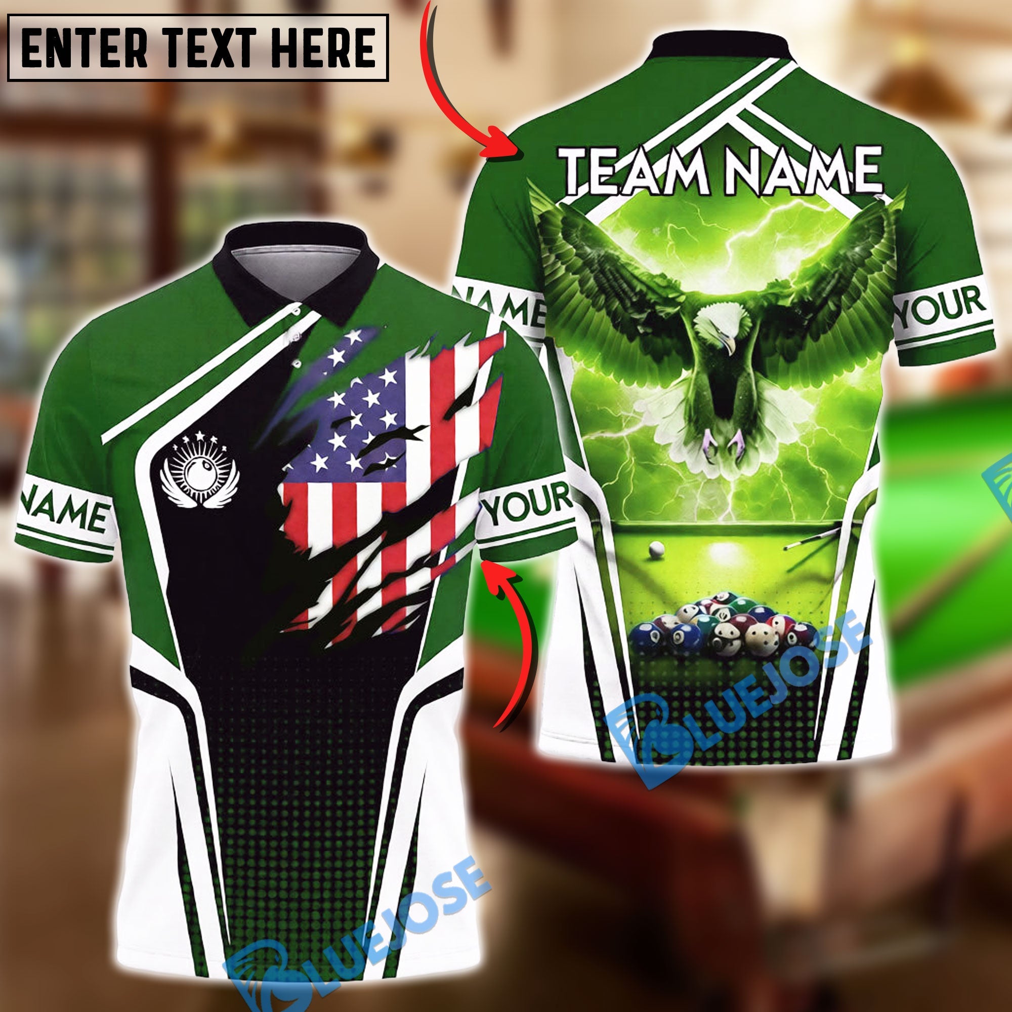 BlueJose Billiards 8-Ball Patriotic Eagle Lightning Design Customized Name, Team Name 3D Shirt (4 Colors)