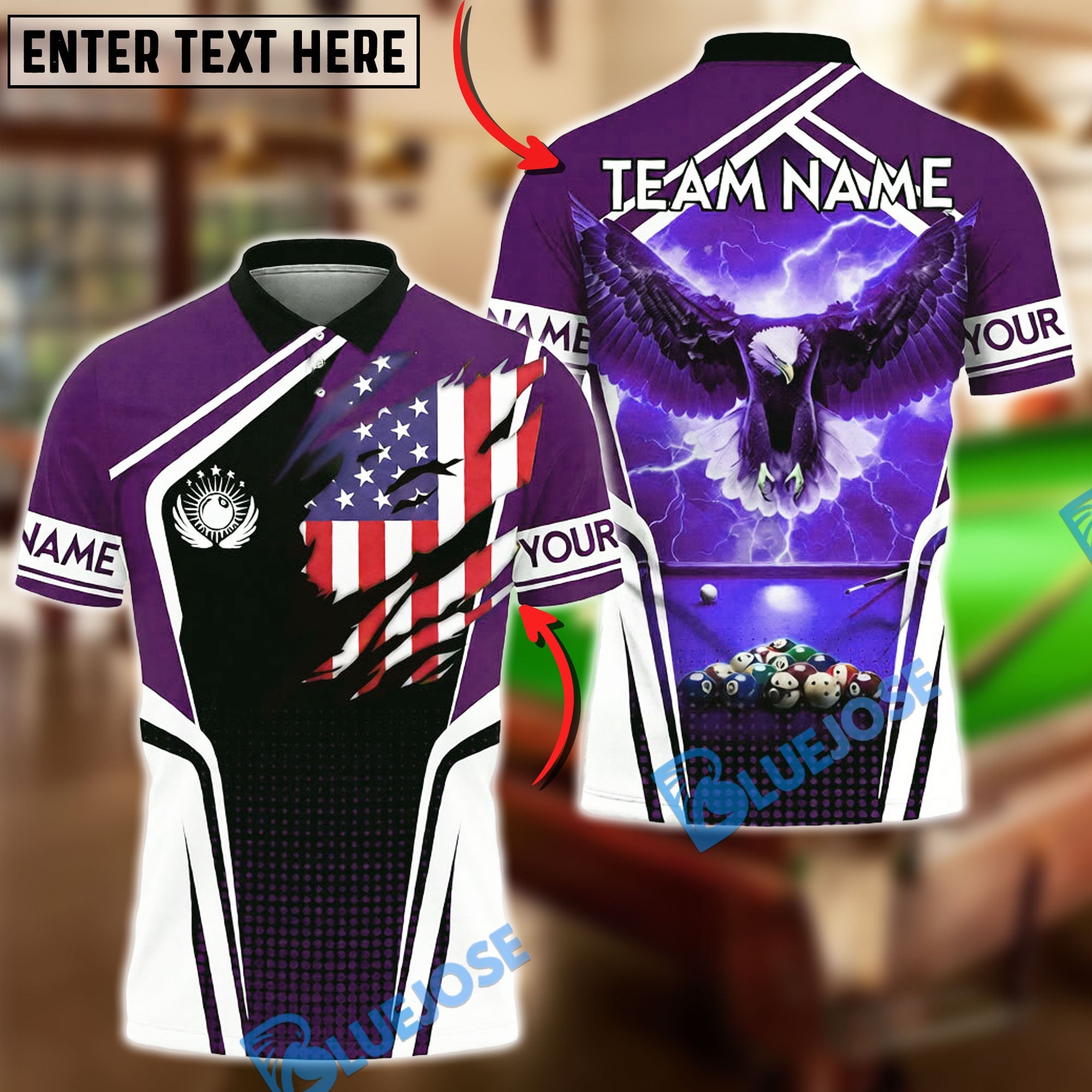 BlueJose Billiards 8-Ball Patriotic Eagle Lightning Design Customized Name, Team Name 3D Shirt (4 Colors)