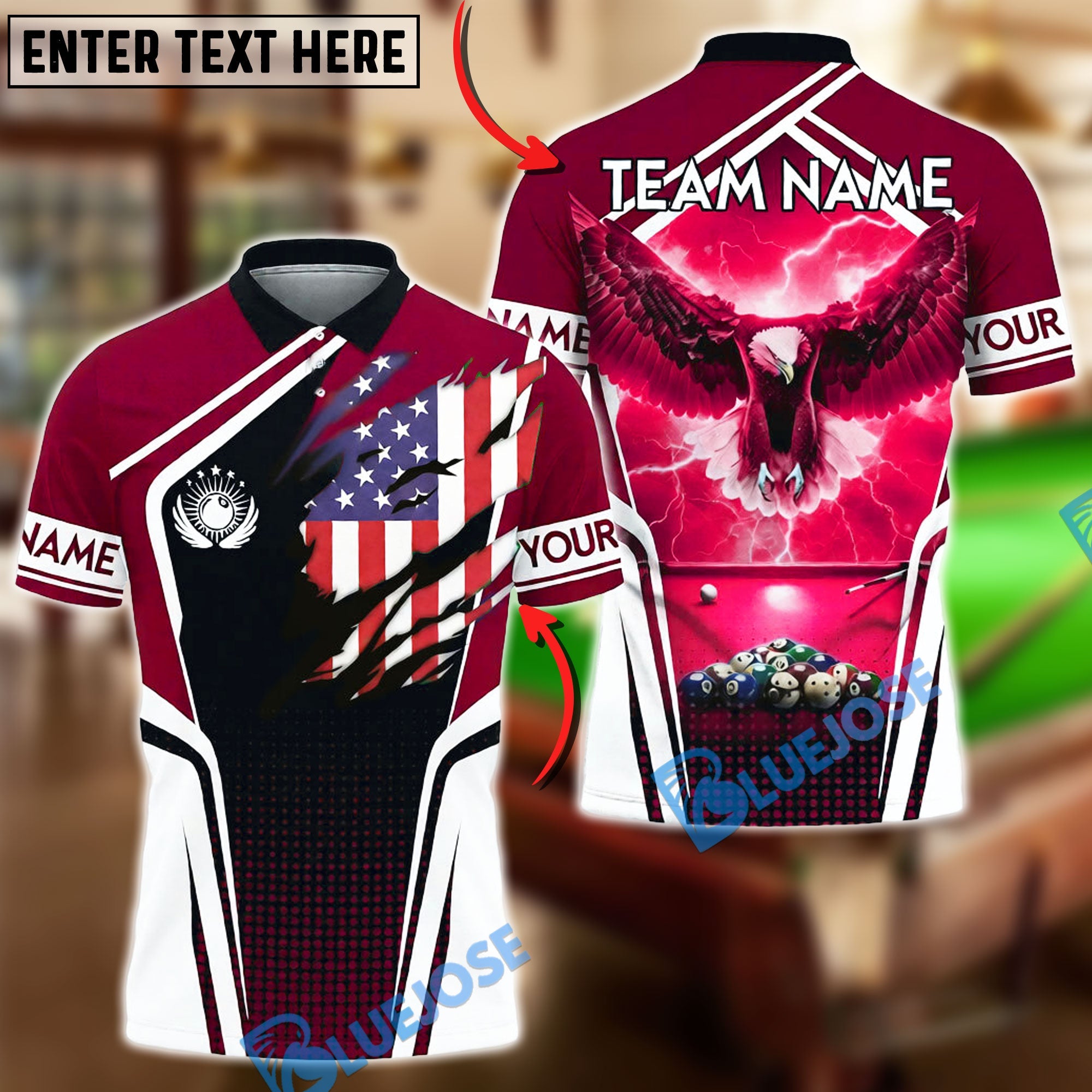 BlueJose Billiards 8-Ball Patriotic Eagle Lightning Design Customized Name, Team Name 3D Shirt (4 Colors)
