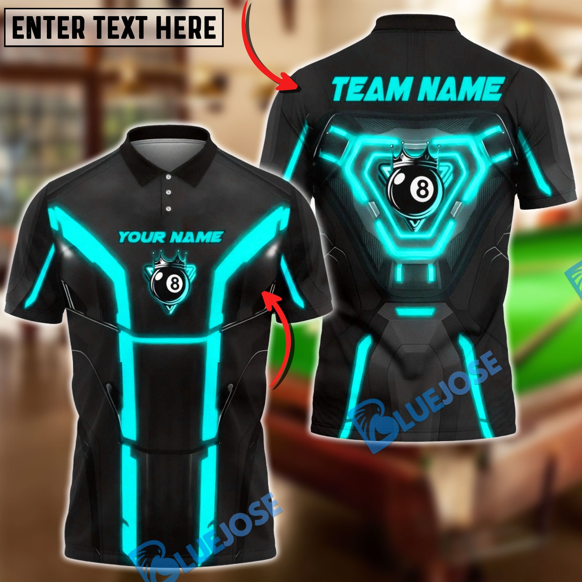 BlueJose Billiards 8-Ball Cyber Armor Neon Panels Personalized Name, Team Name Unisex Shirt (6 Colors)