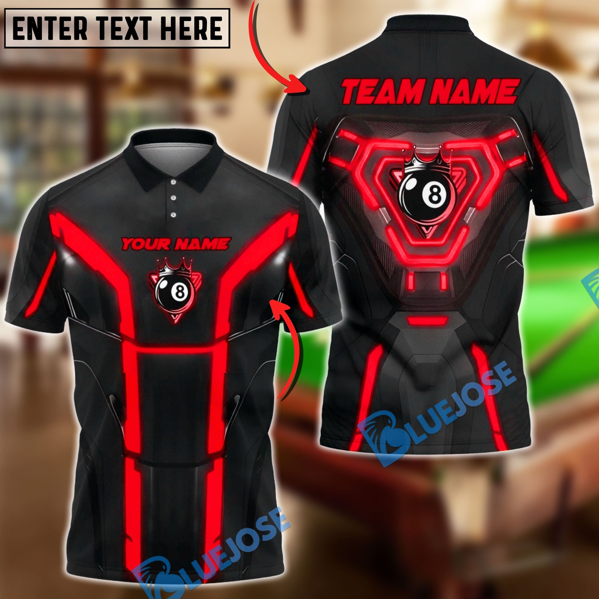 BlueJose Billiards 8-Ball Cyber Armor Neon Panels Personalized Name, Team Name Unisex Shirt (6 Colors)