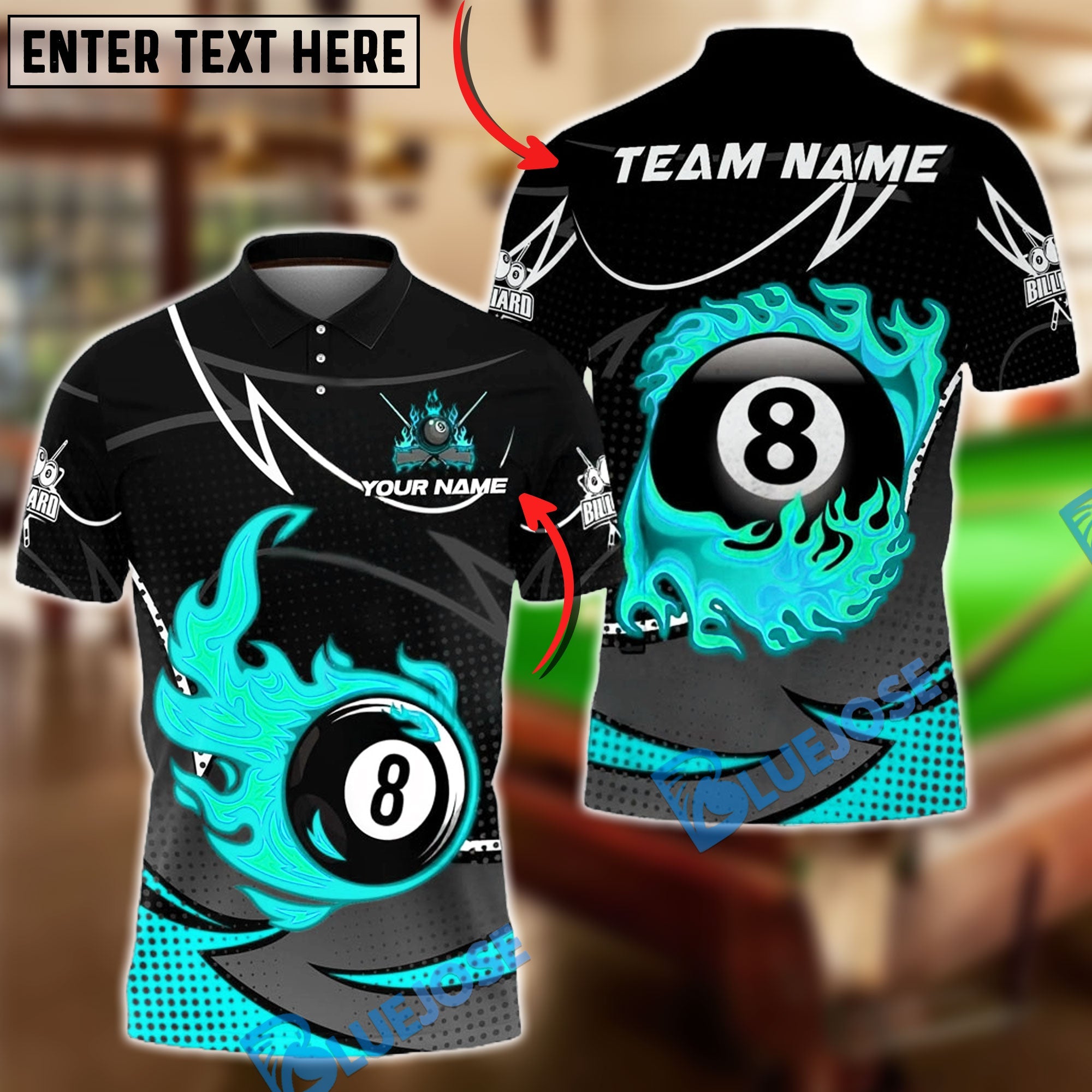 BlueJose Billiards 8-Ball Flaming Fire Dot Personalized Name, Team Name Unisex Shirt (4 Colors)