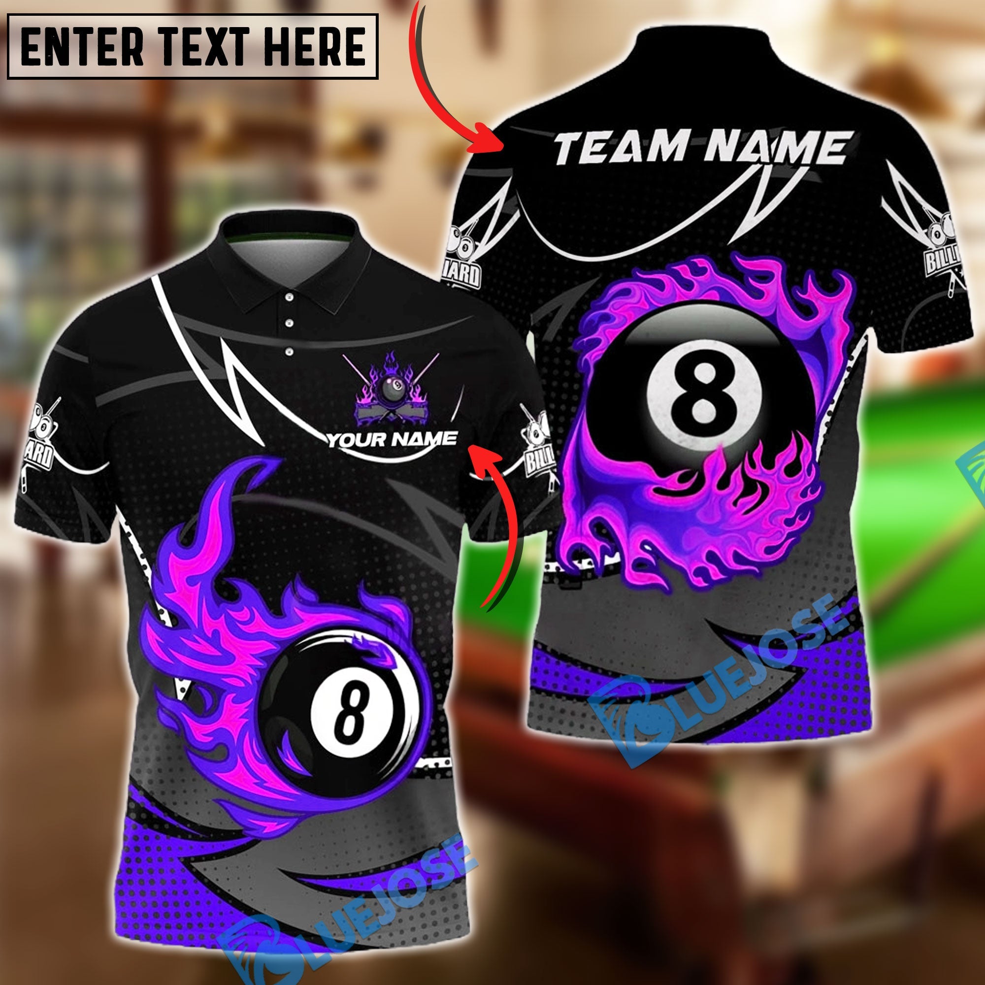 BlueJose Billiards 8-Ball Flaming Fire Dot Personalized Name, Team Name Unisex Shirt (4 Colors)