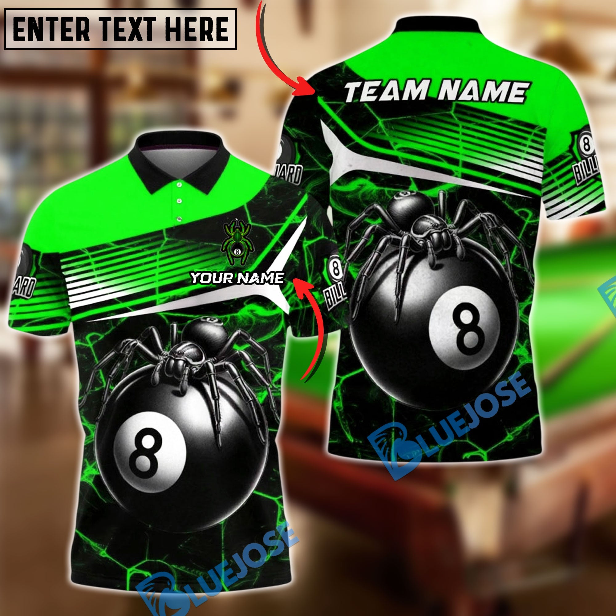 BlueJose Billiards 8-Ball Black Spider Web Personalized Name, Team Name Unisex Shirt (4 Colors)