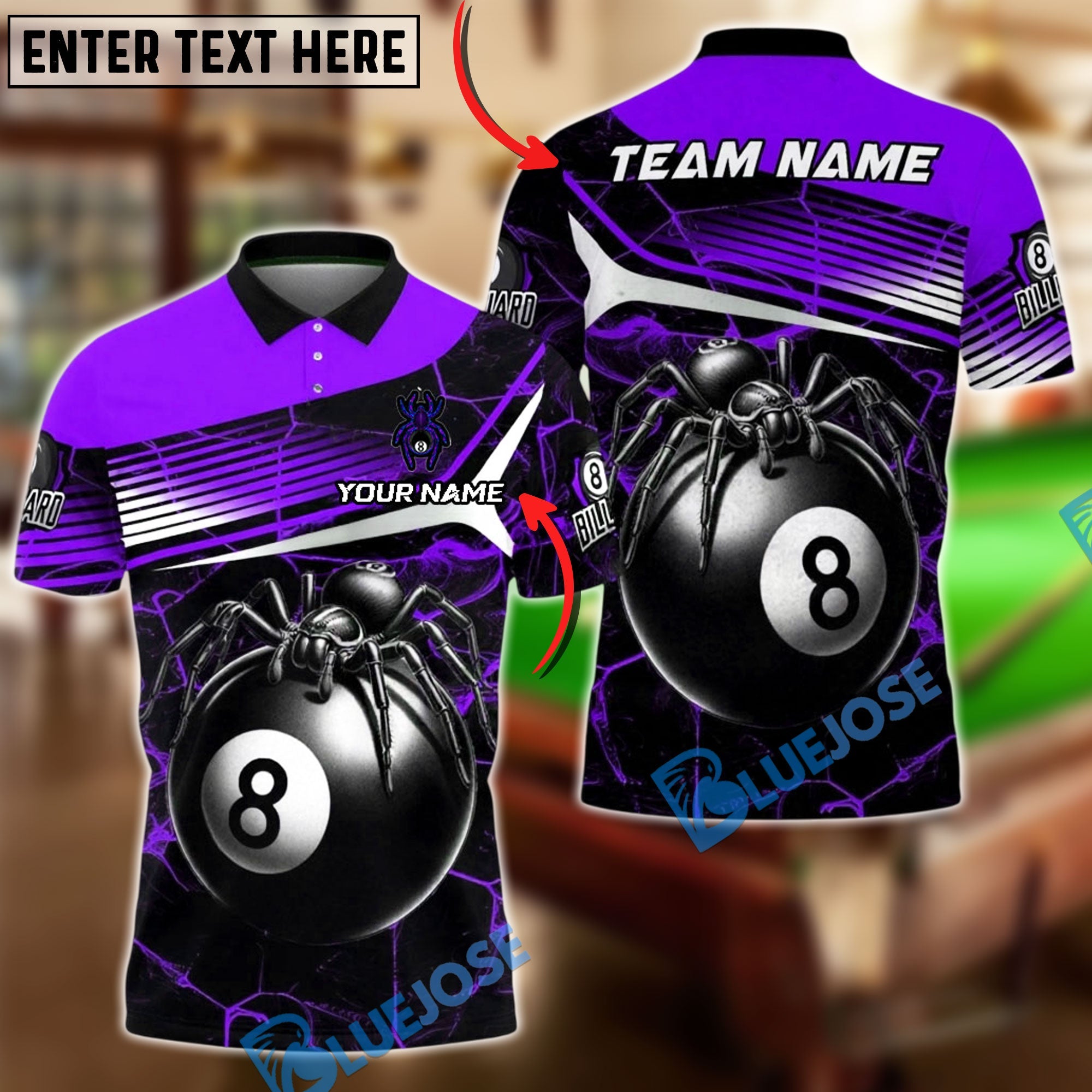 BlueJose Billiards 8-Ball Black Spider Web Personalized Name, Team Name Unisex Shirt (4 Colors)