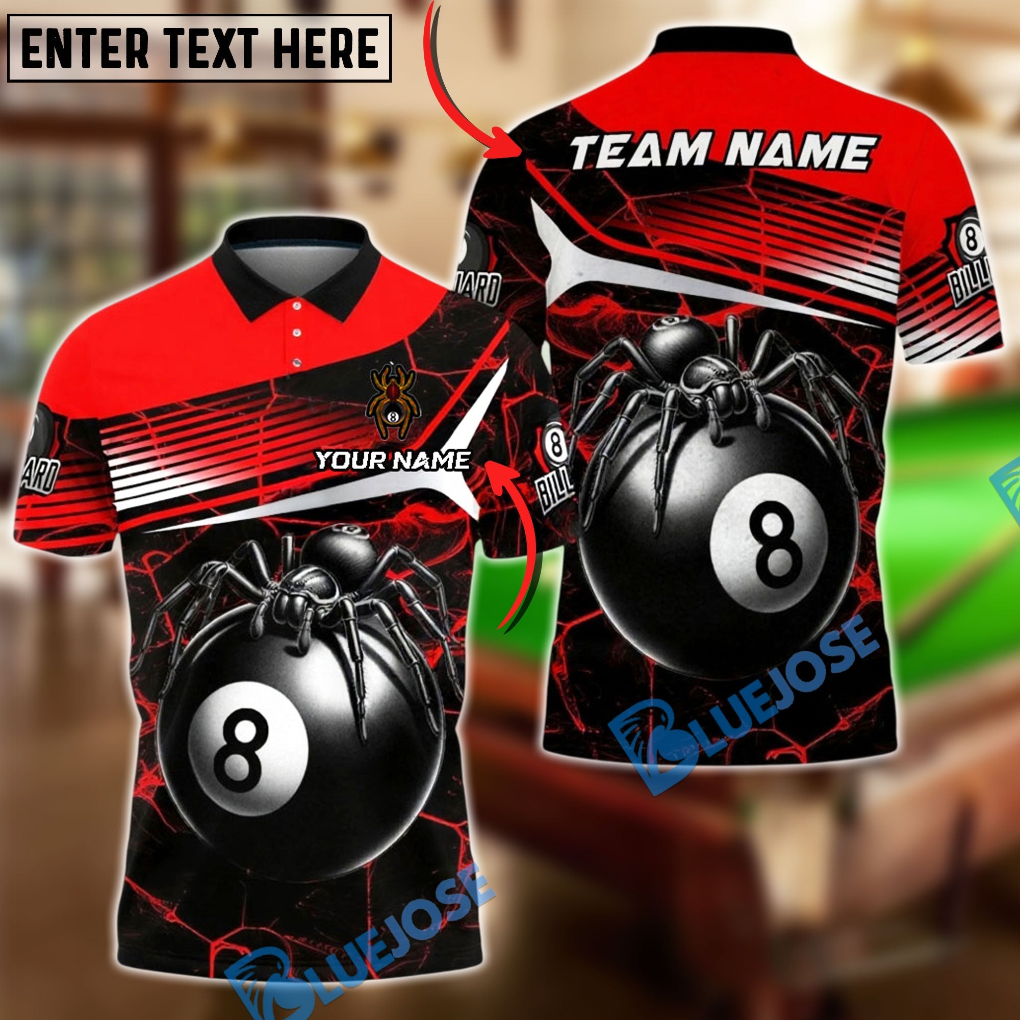 BlueJose Billiards 8-Ball Black Spider Web Personalized Name, Team Name Unisex Shirt (4 Colors)