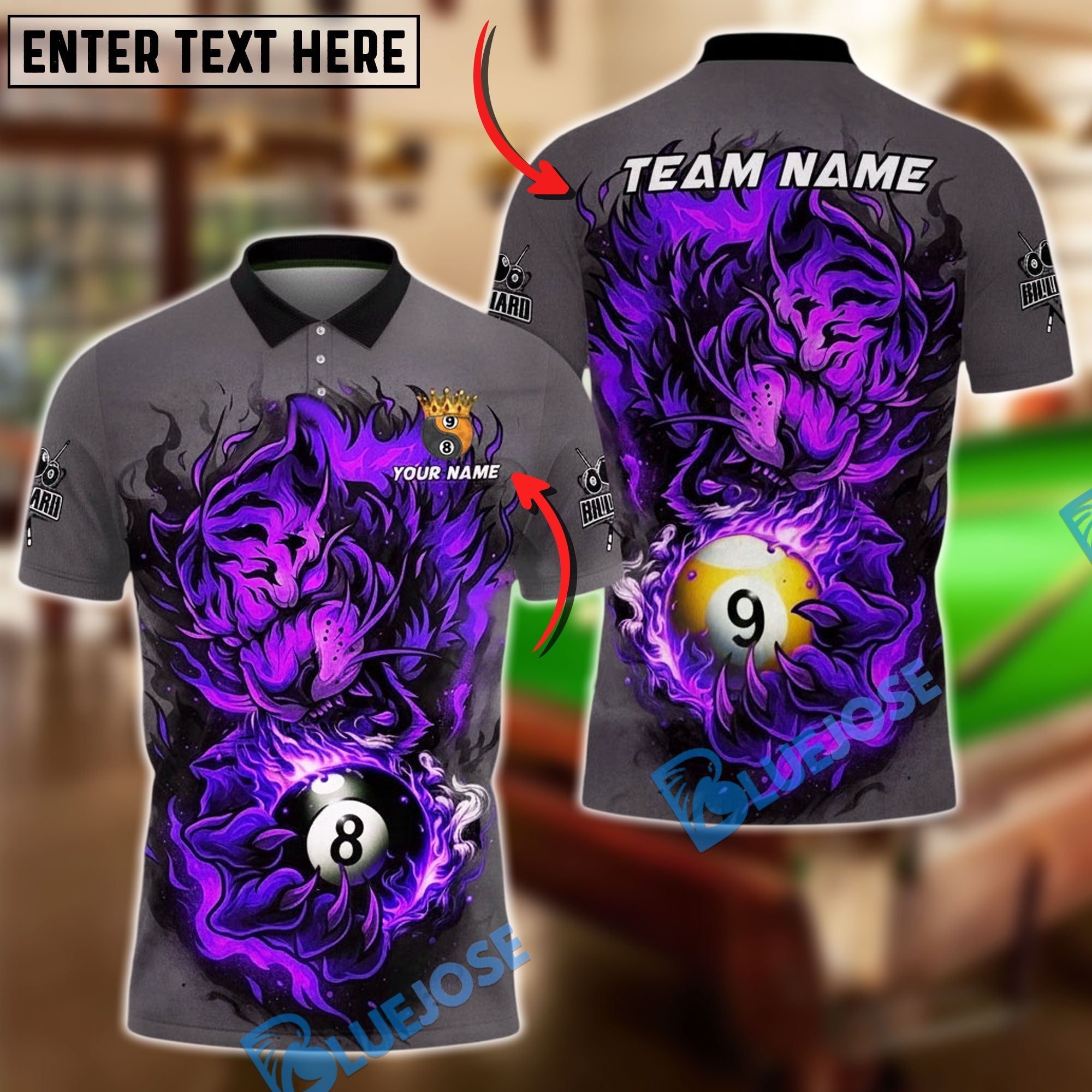 BlueJose Billiards Ball 8&9 Fierce Fire Tiger Personalized Name, Team Name Unisex Shirt (4 Colors)