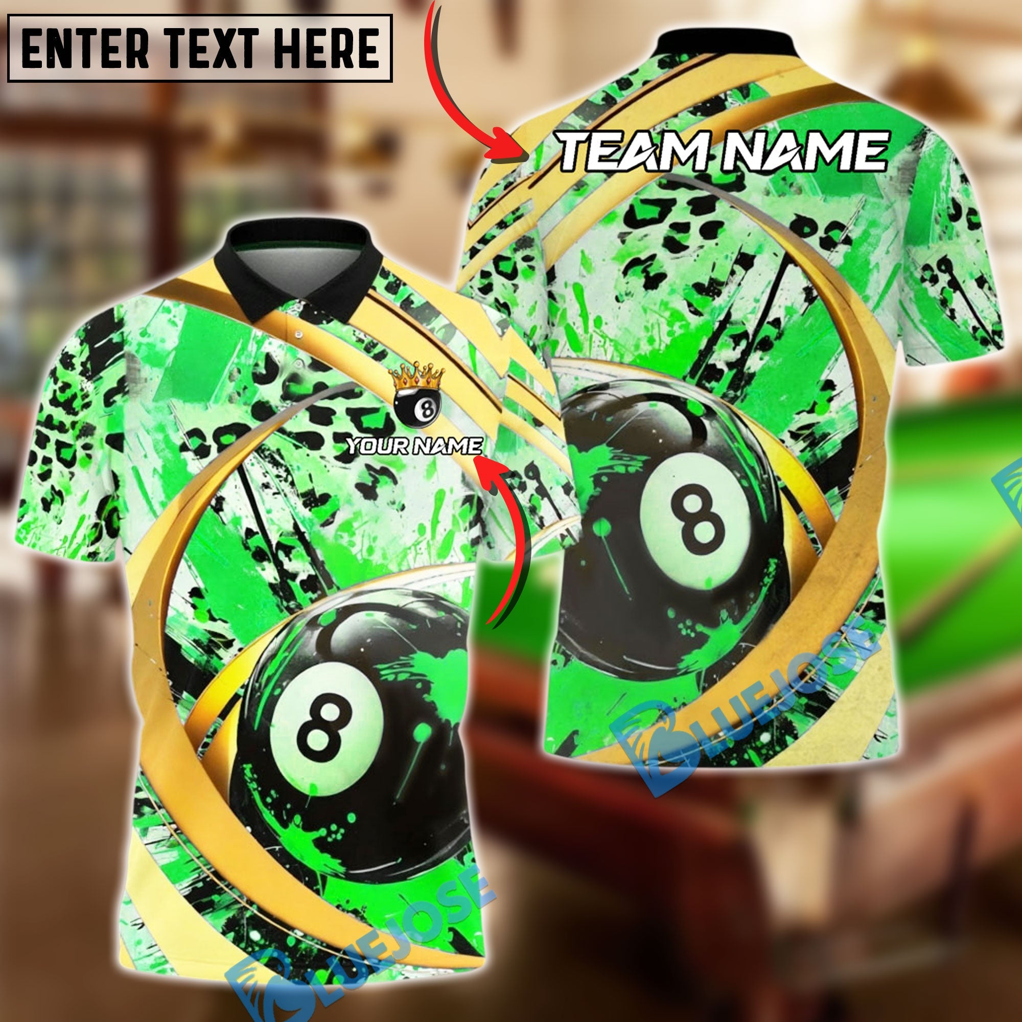 BlueJose Billiards 8-Ball Leopard Splash Paint Personalized Name, Team Name Unisex Shirt (6 Colors)