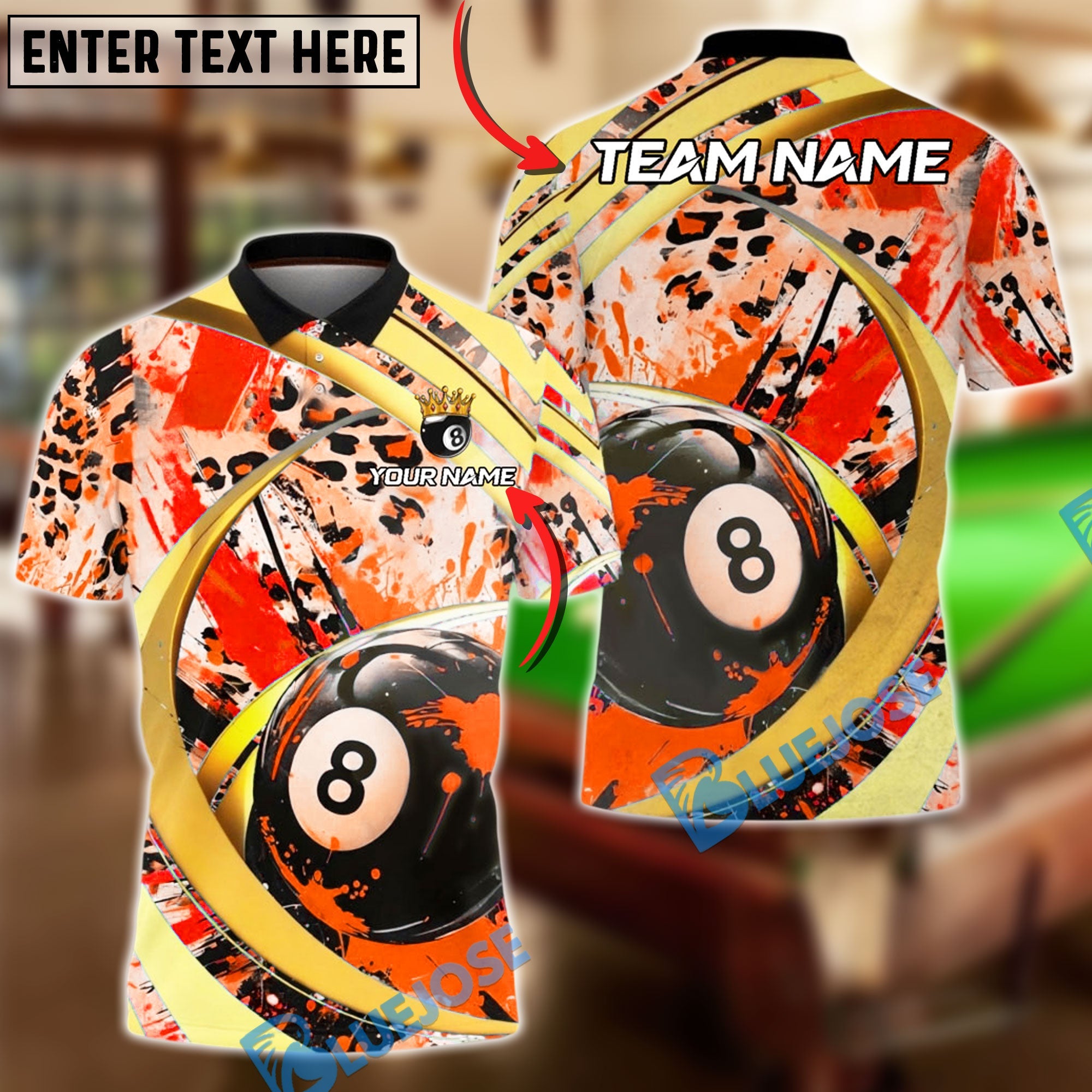 BlueJose Billiards 8-Ball Leopard Splash Paint Personalized Name, Team Name Unisex Shirt (6 Colors)