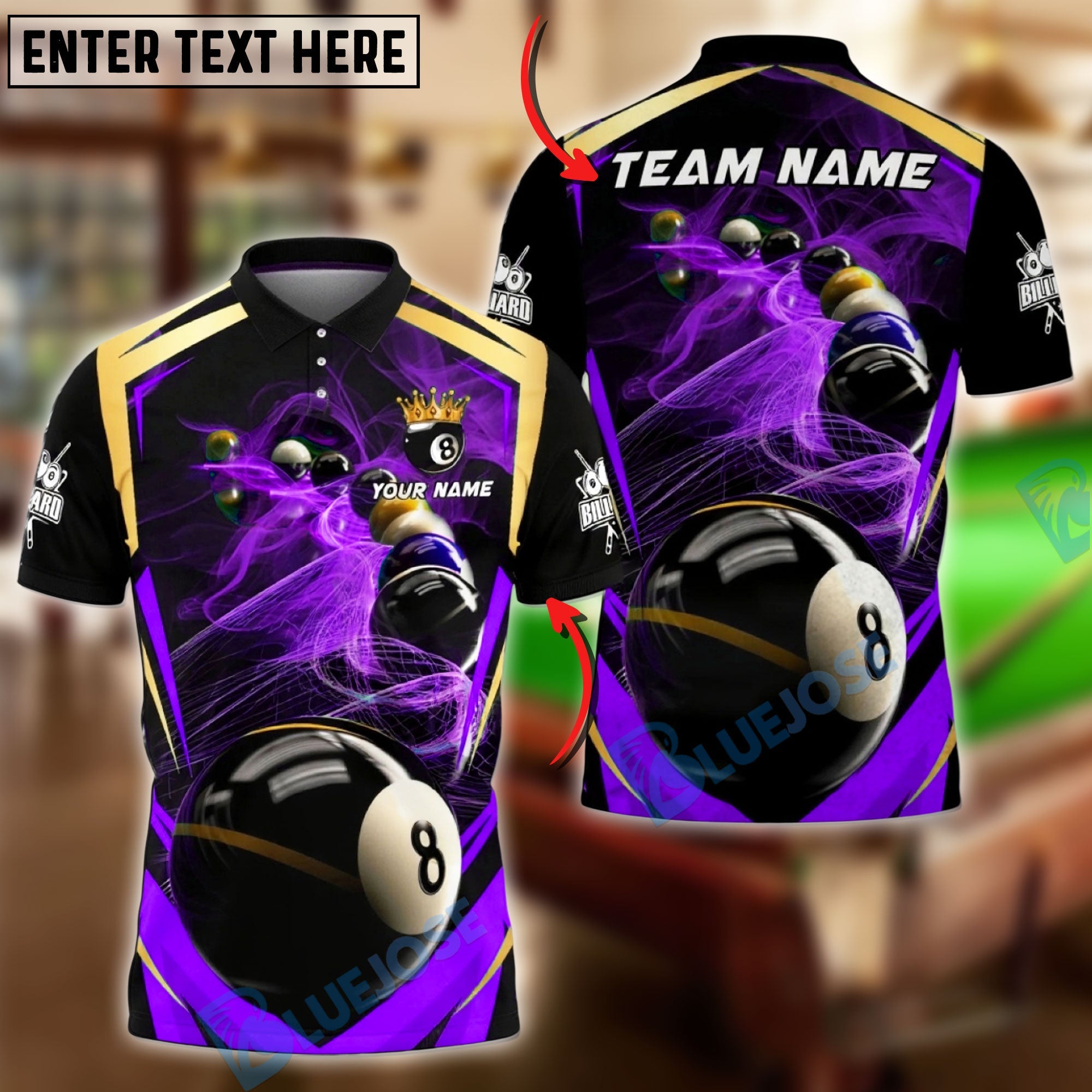 BlueJose Billiards 8-Ball Pool Smoke Trail Personalized Name, Team Name Unisex Shirt (4 Colors)