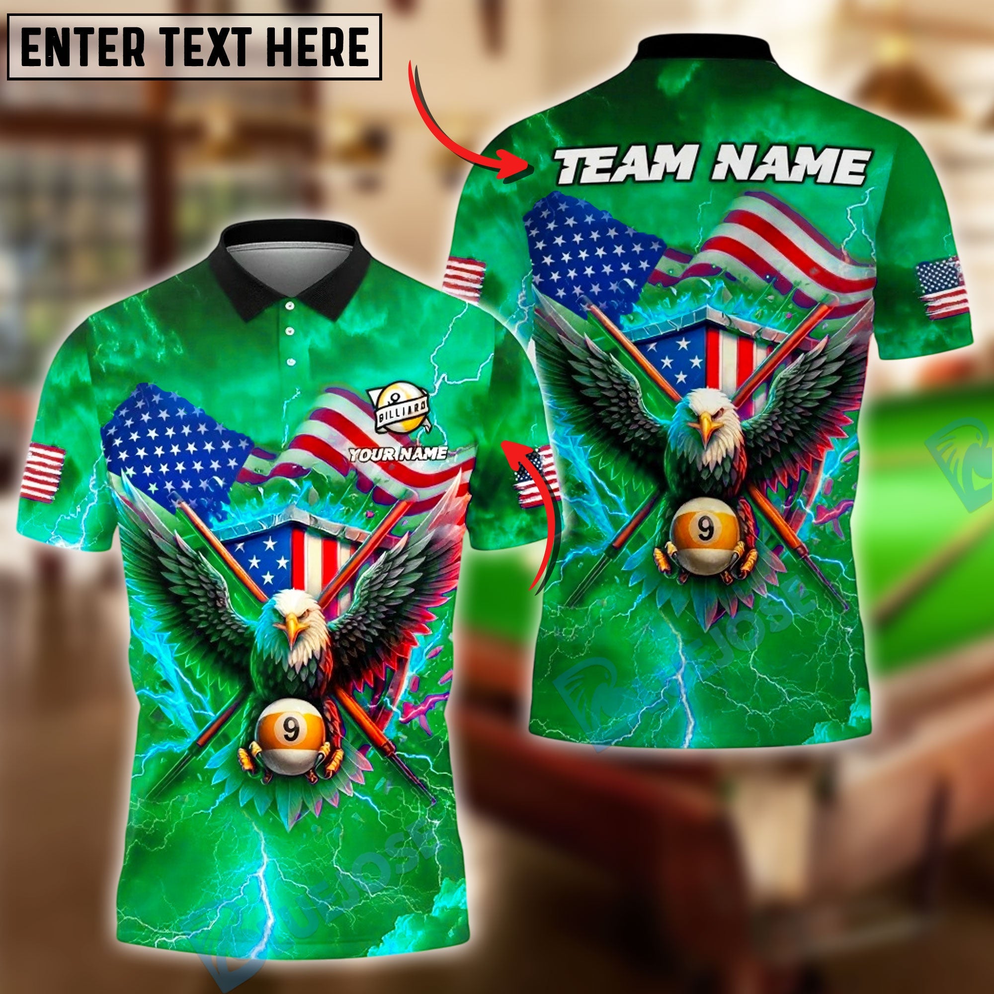 BlueJose Billiards 9 Ball Eagle USA Flag Lightning Personalized Name, Team Name Unisex Shirt (4 Colors)