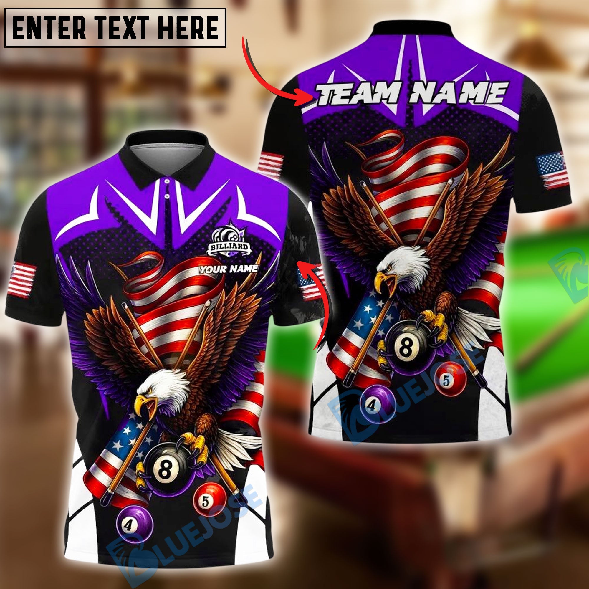BlueJose Billiards 8 Ball Eagle USA Flag Personalized Name, Team Name Unisex Shirt (4 Colors)
